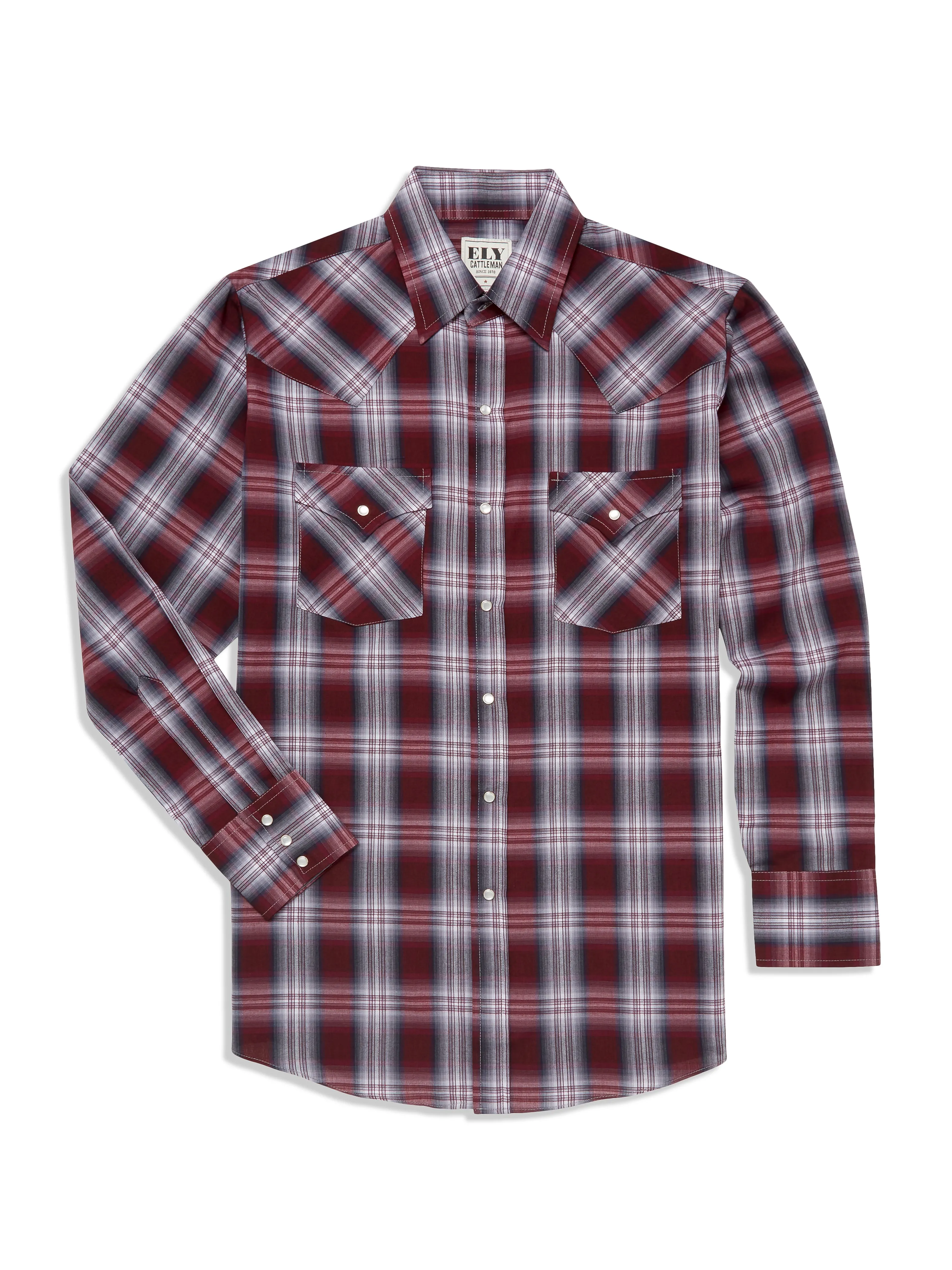 Men's Ely Cattleman Long Sleeve Textured Plaid Western Snap Shirt - Burgundy & Navy