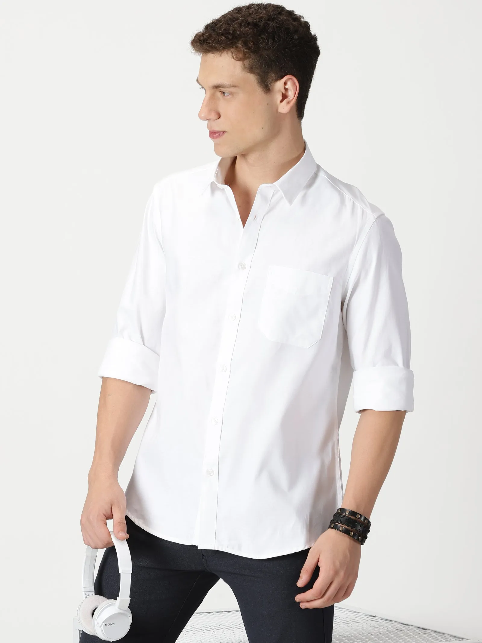 MEN'S  WHITE PLAIN SLIM FIT SHIRT