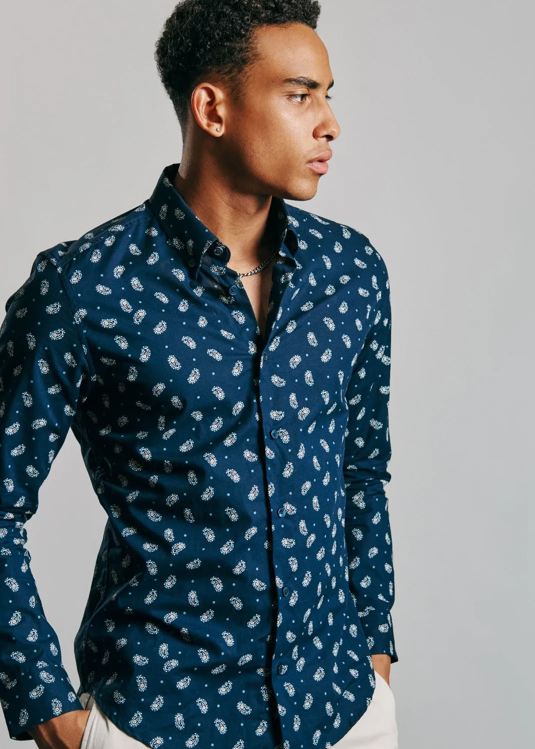 Micro Paisley Print Shirt - Dark Navy