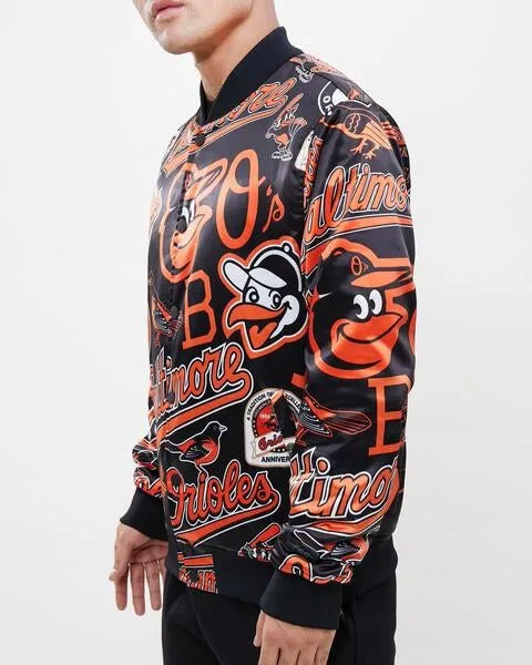 MLB BALTIMORE ORIOLES AOP MEN'S SATIN JACKET (BLACK)