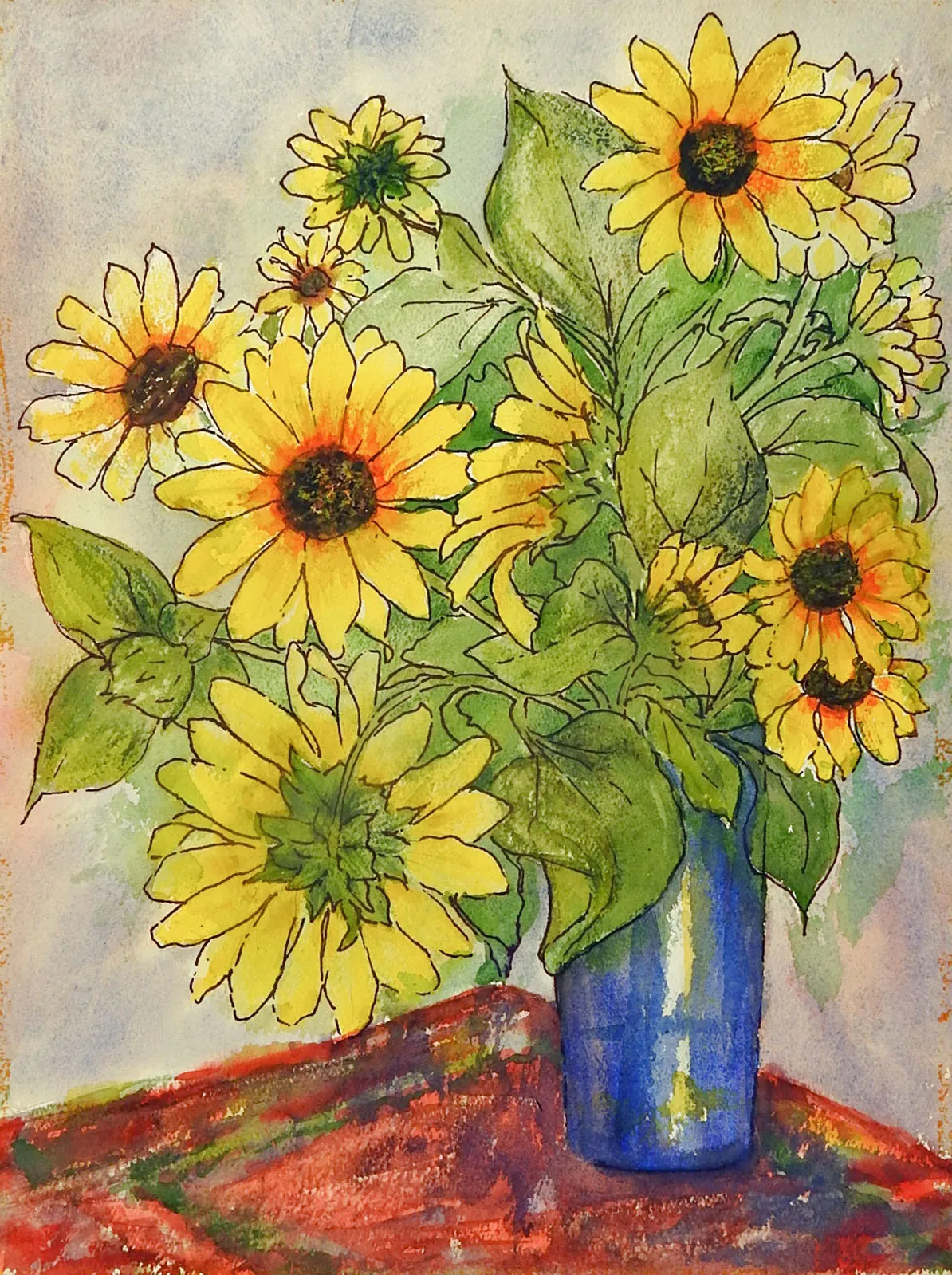 Modernist Sunflower Still Life 2 Sided Watercolor Painting