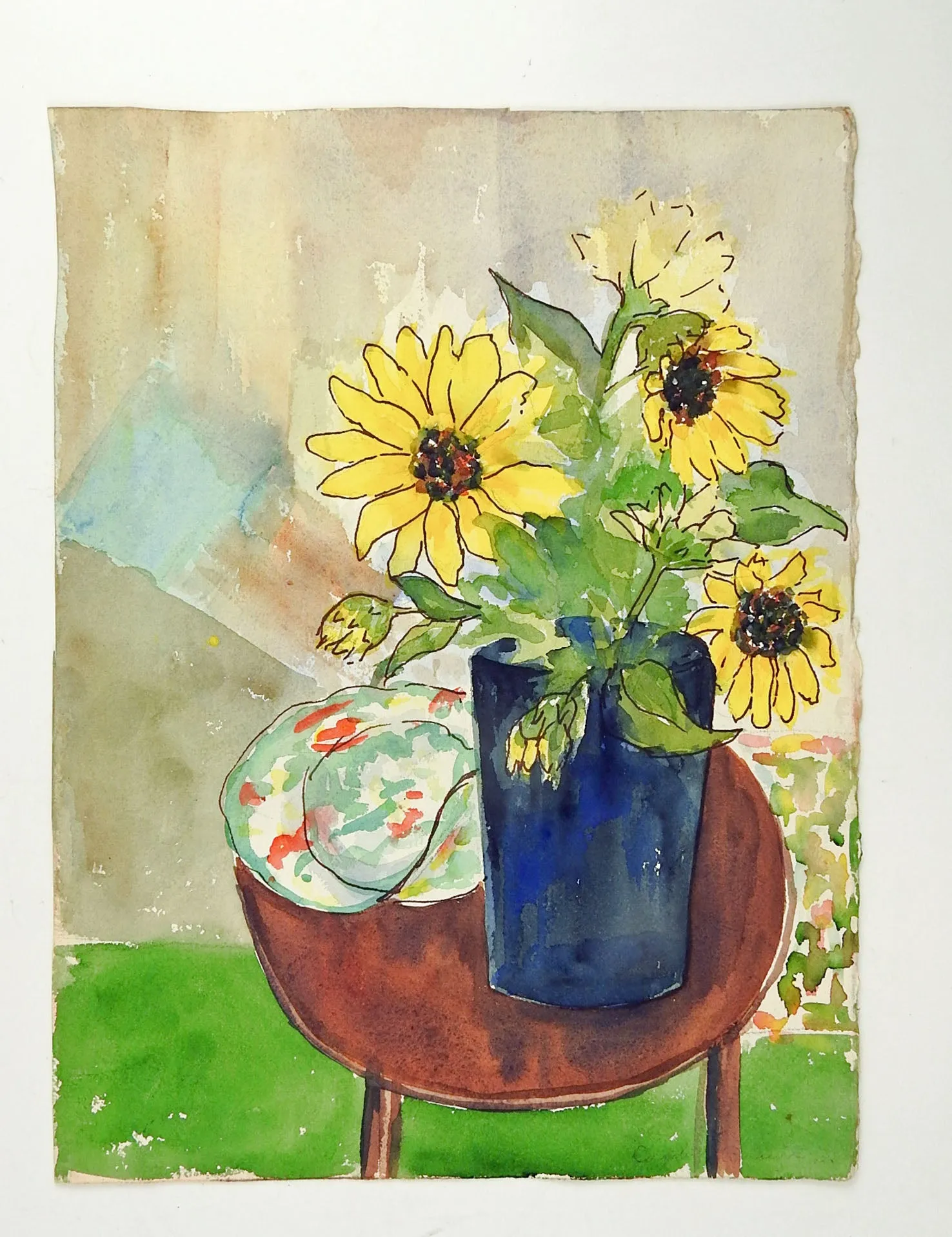 Modernist Sunflower Still Life 2 Sided Watercolor Painting