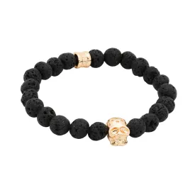 Monterey Gold Skull Black Lava Stone Beaded Bracelet