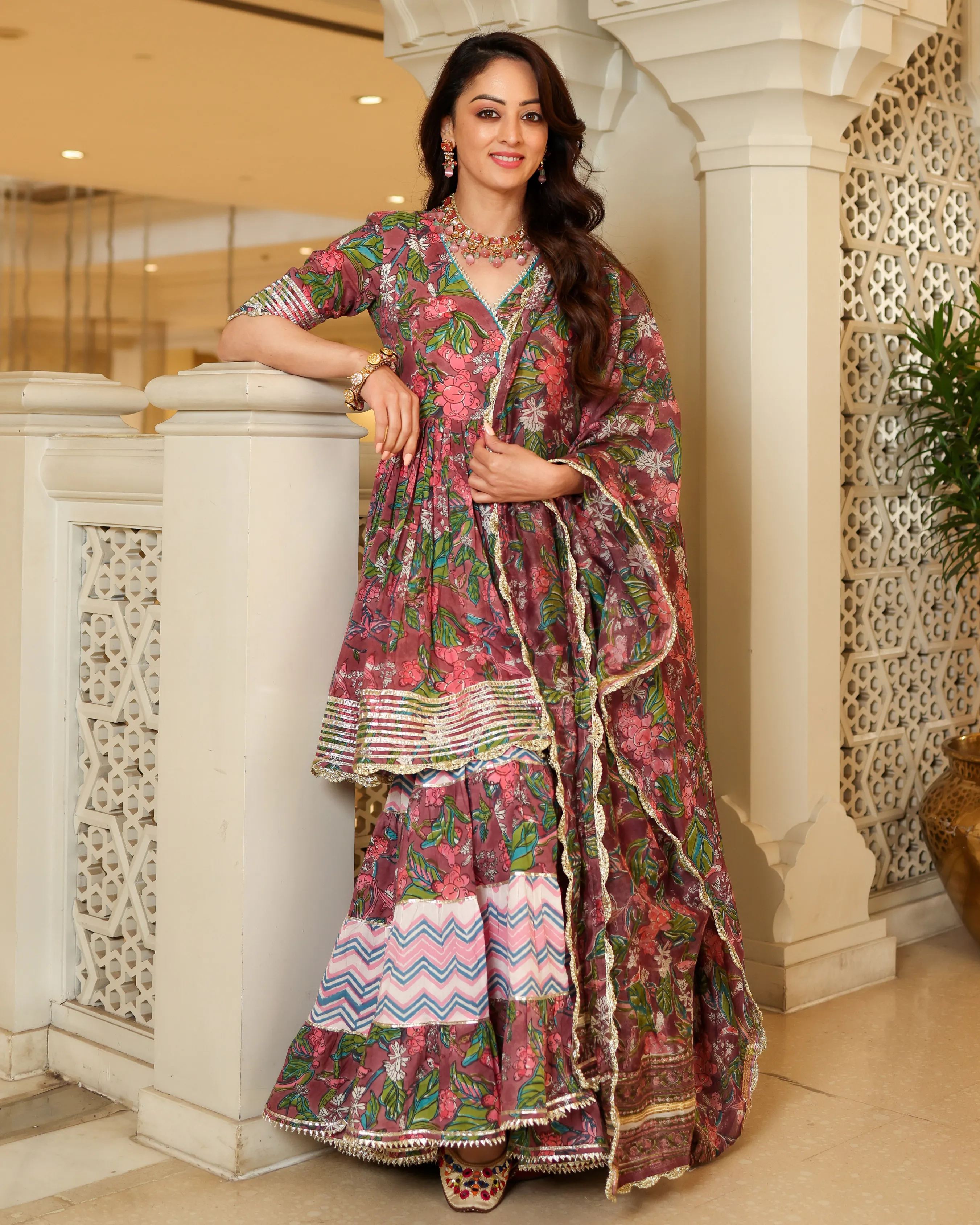 Multi Rose Handblock Sharara Set