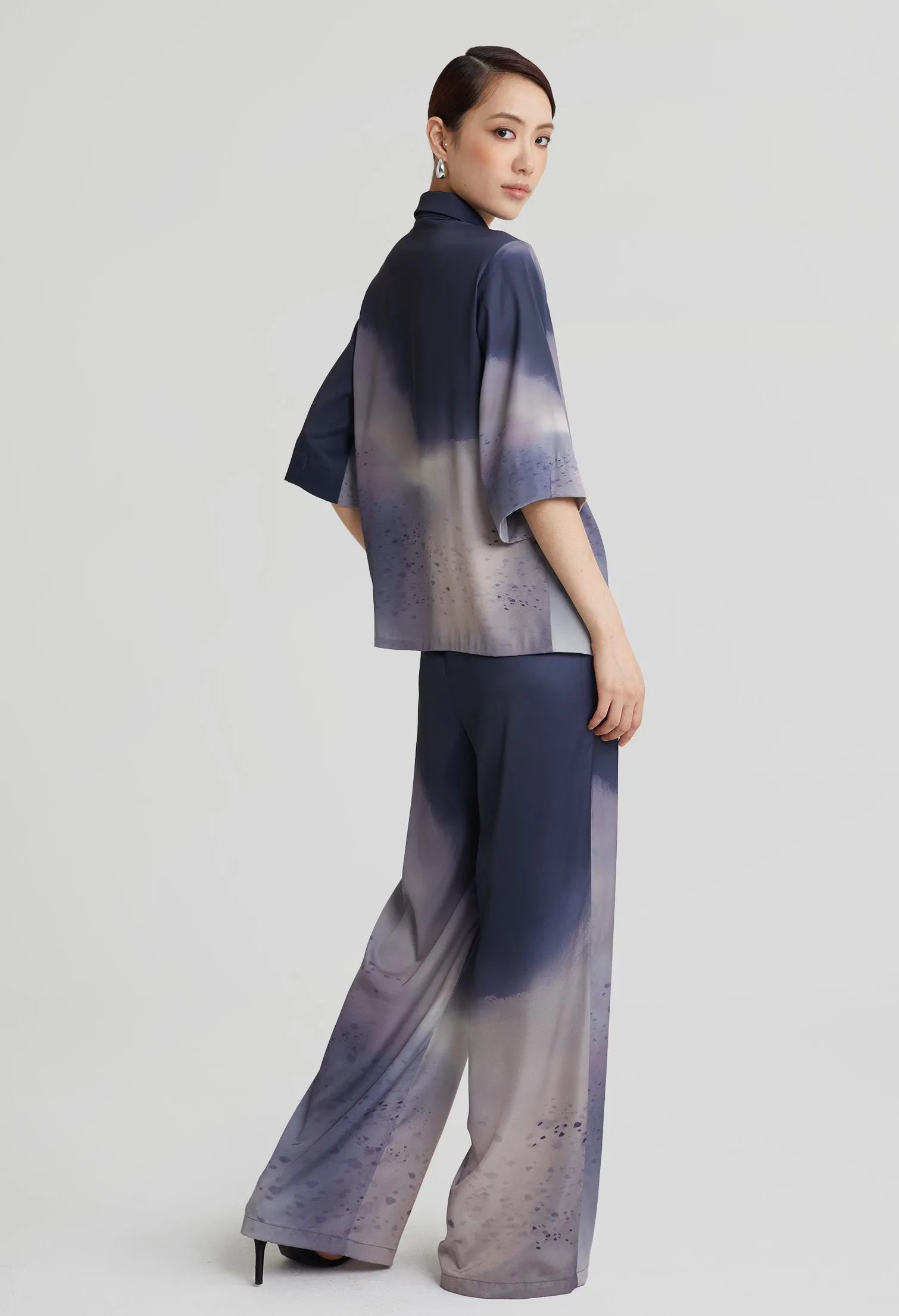 nichii X NURITA HARITH Gradient Indigo Collared Silk Top