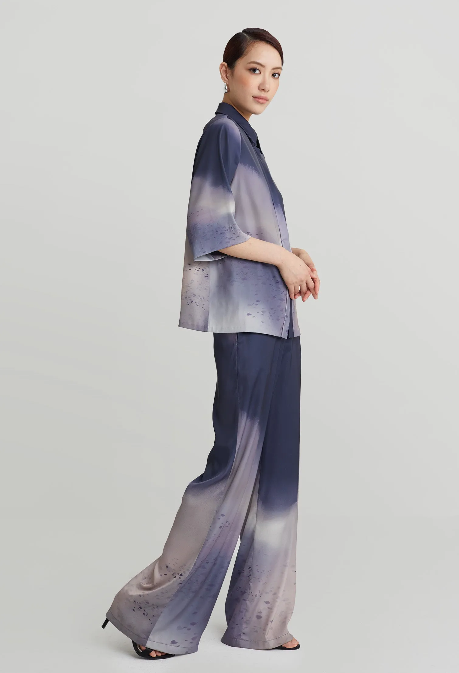 nichii X NURITA HARITH Gradient Indigo Collared Silk Top