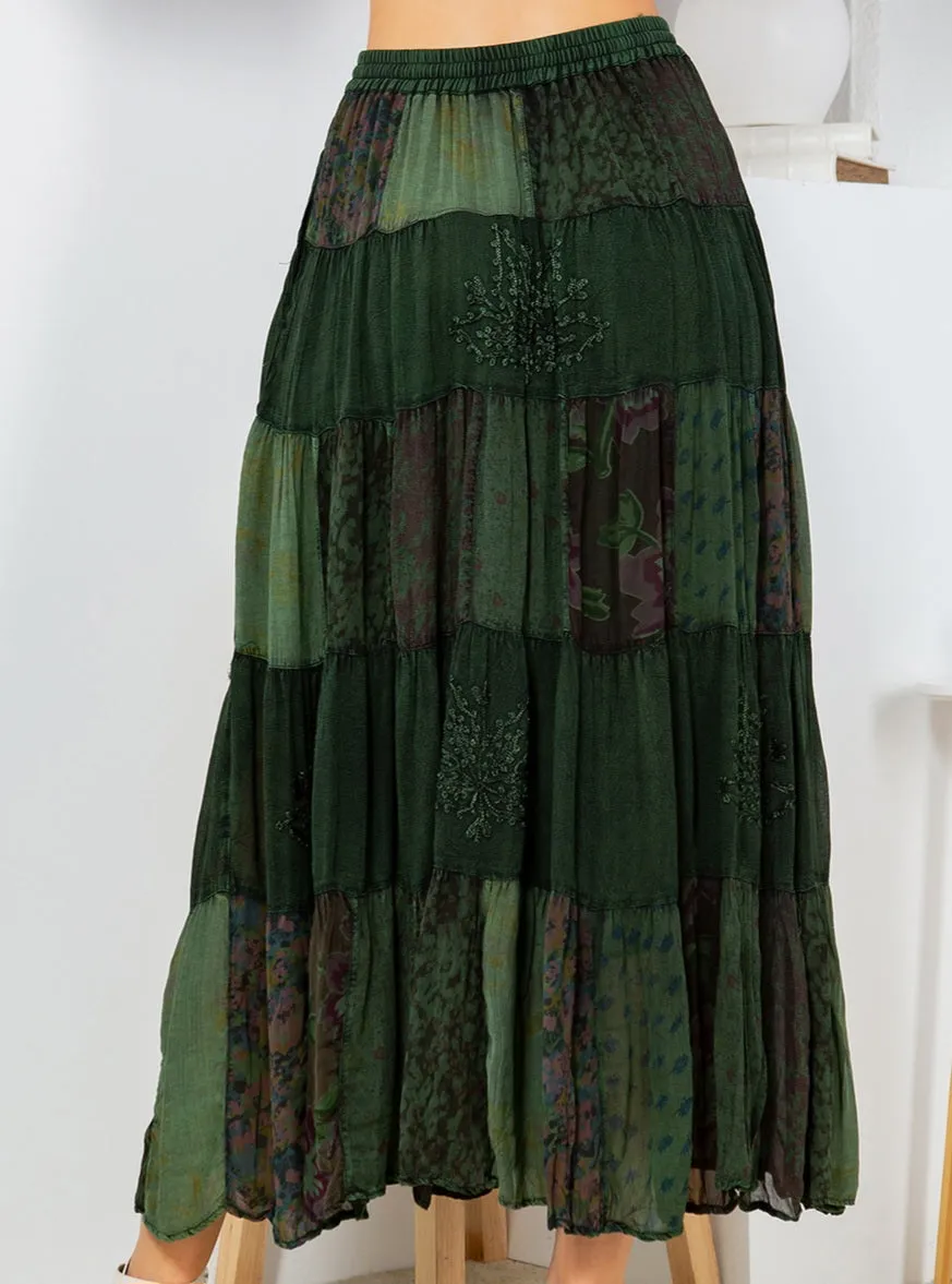 Patchwork Tiered Maxi Skirt ~ Green