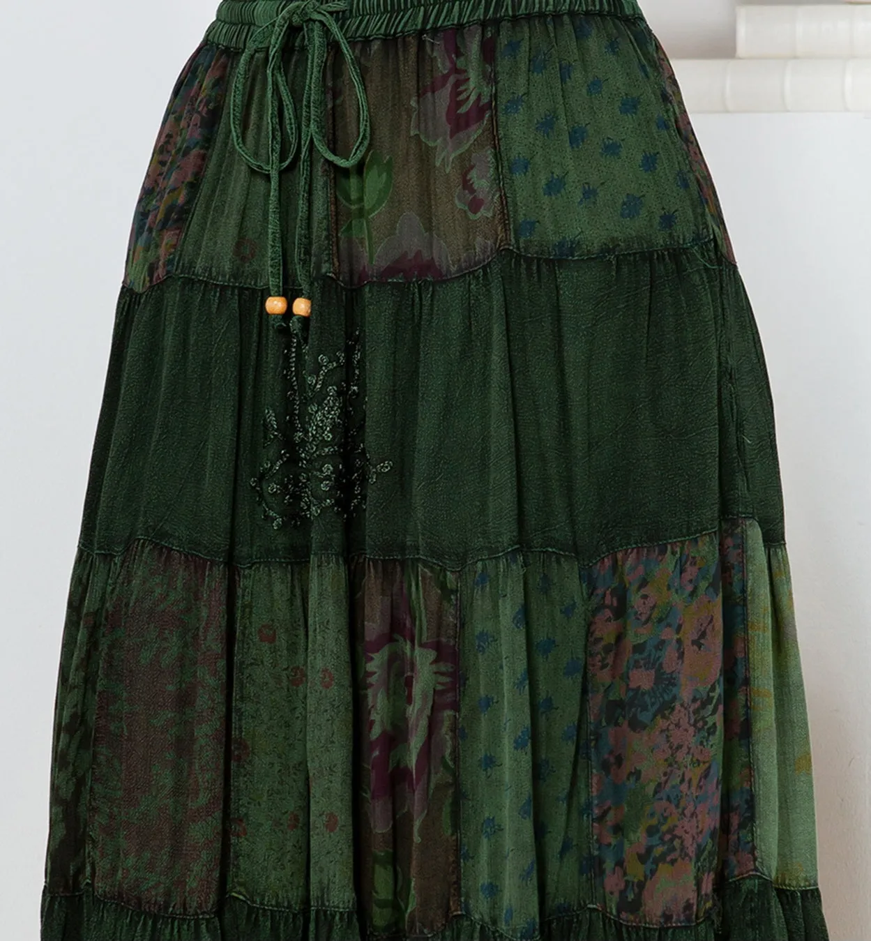 Patchwork Tiered Maxi Skirt ~ Green