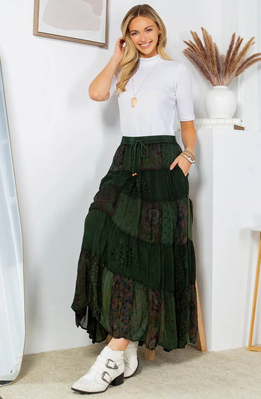 Patchwork Tiered Maxi Skirt ~ Green