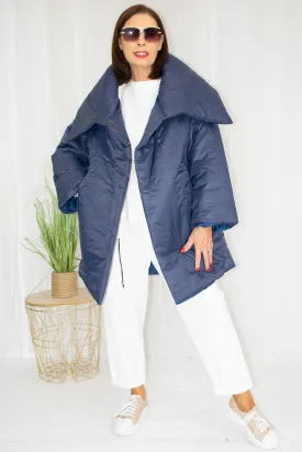 Paula Padded Oversized Collar Mid-Length Coat in Navy