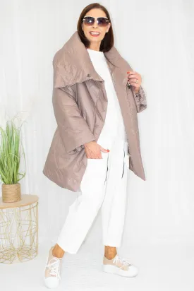 Paula Padded Oversized Collar Mid-Length Coat in Taupe