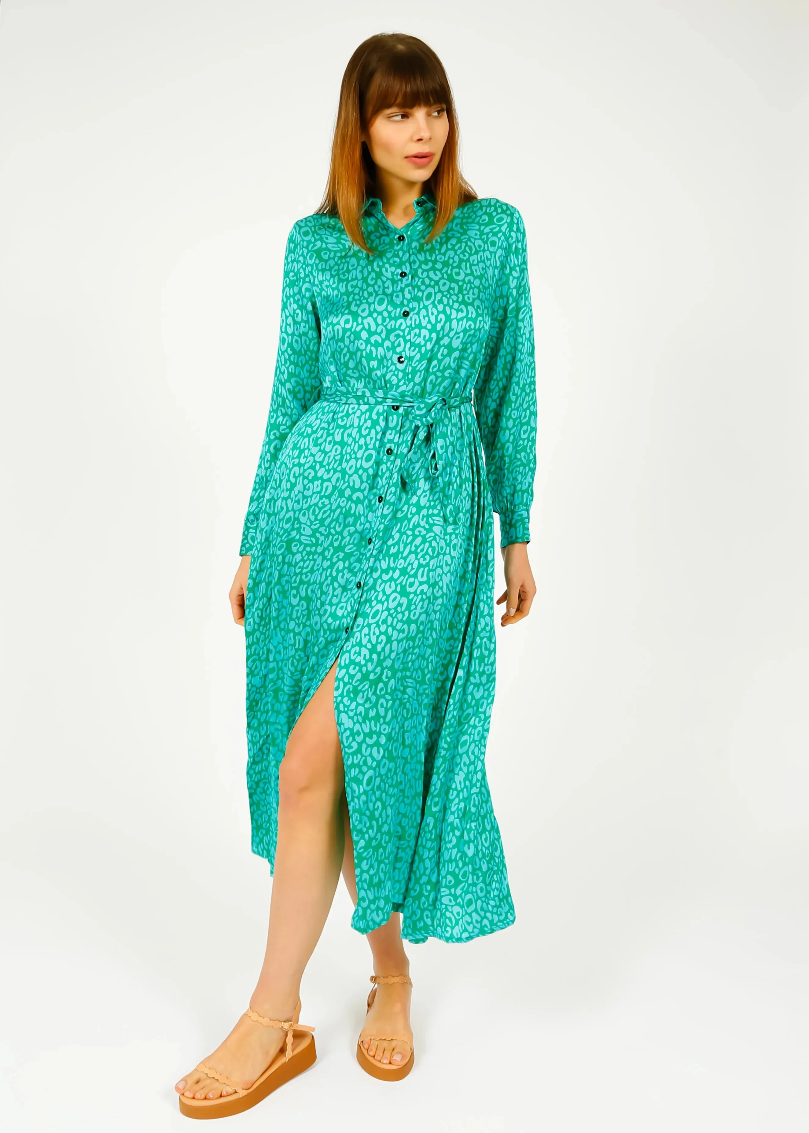 PRIMROSE PARK LONDON JOSIE DRESS BLUE GREEN LEOPARD