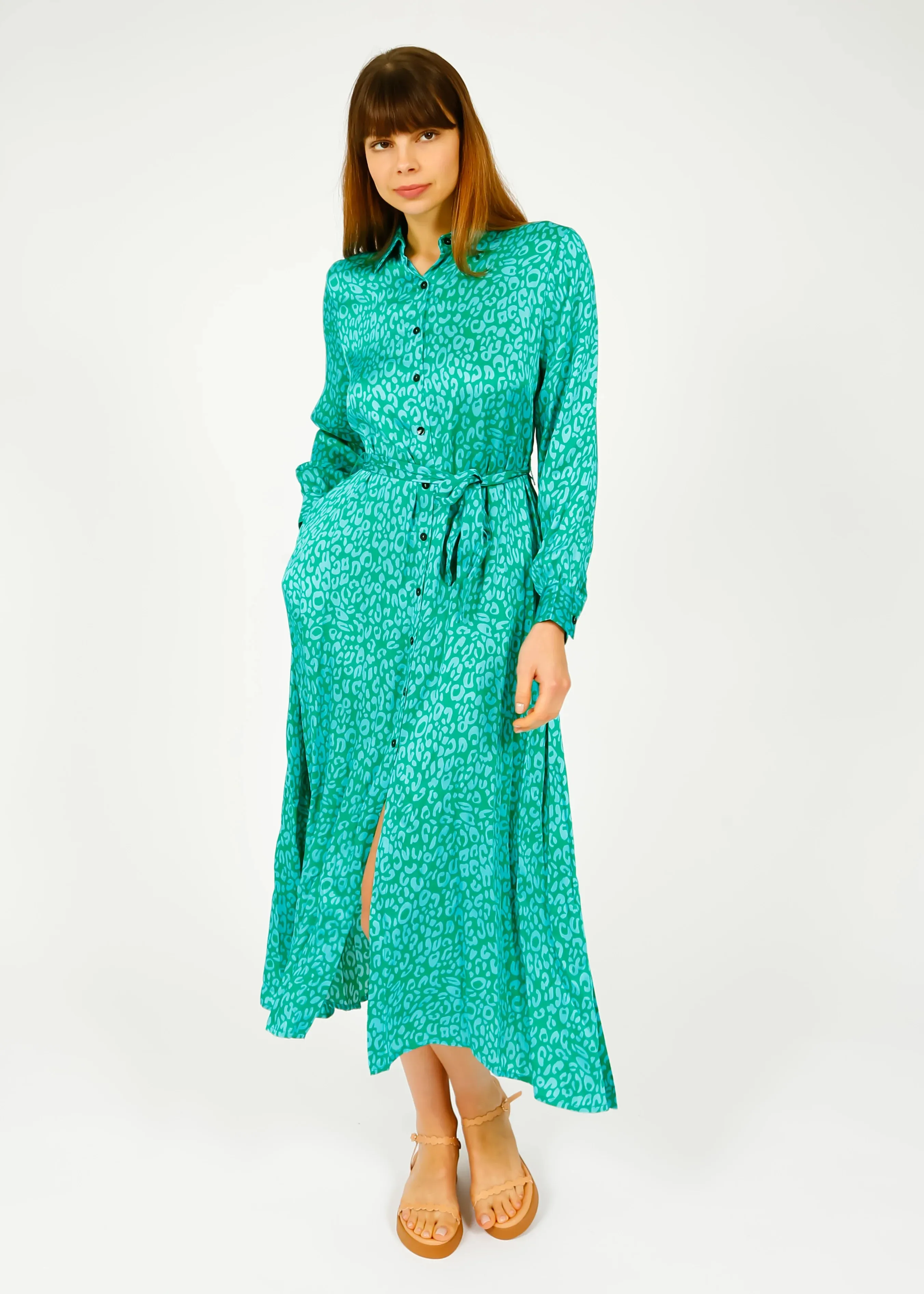 PRIMROSE PARK LONDON JOSIE DRESS BLUE GREEN LEOPARD