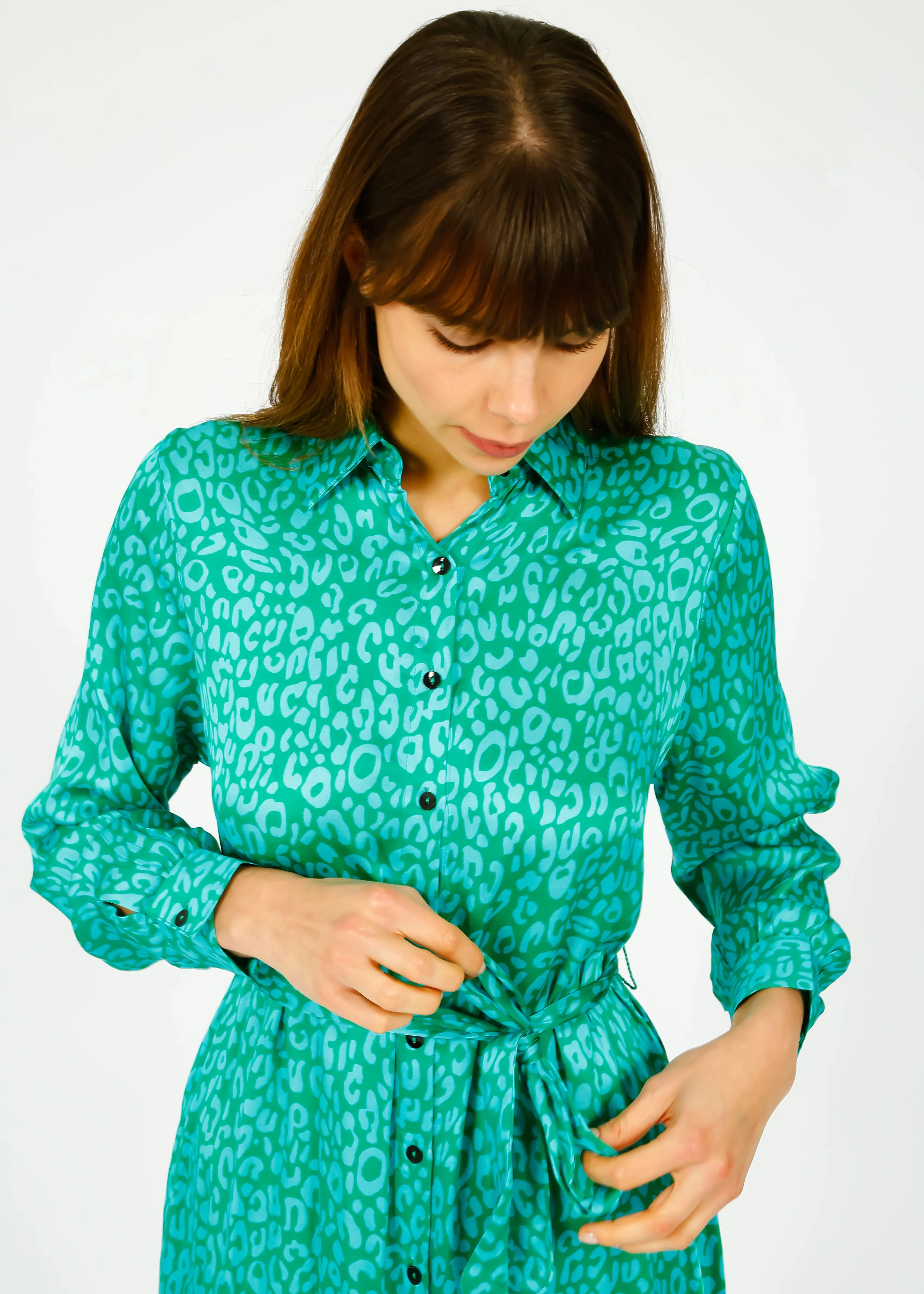 PRIMROSE PARK LONDON JOSIE DRESS BLUE GREEN LEOPARD