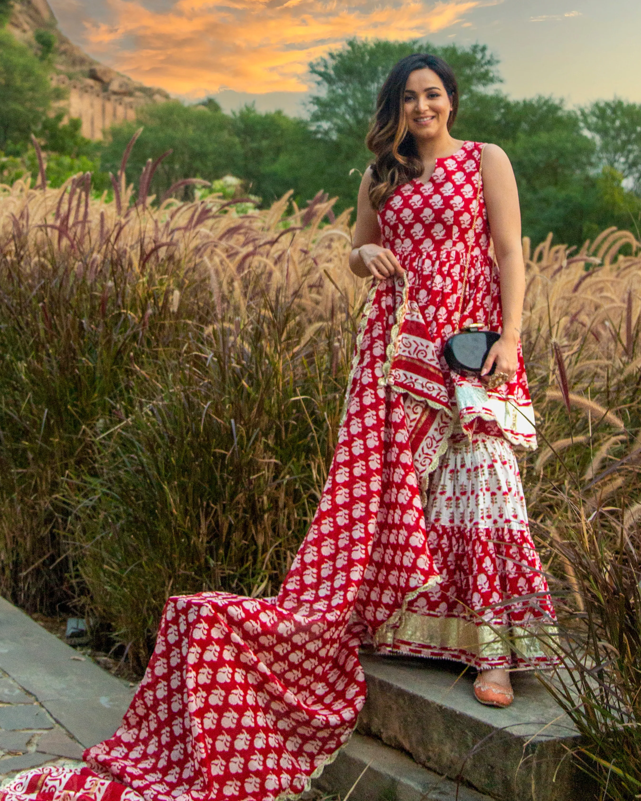 Red Paisley Handblock Sharara Set