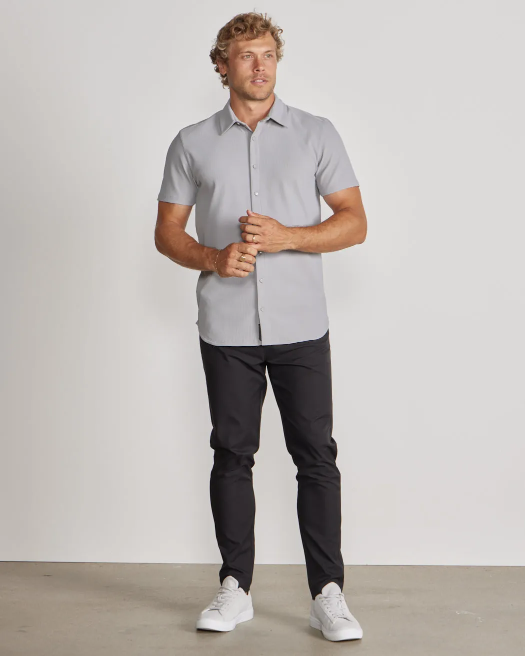 Ribbed  Short Sleeve Button Down