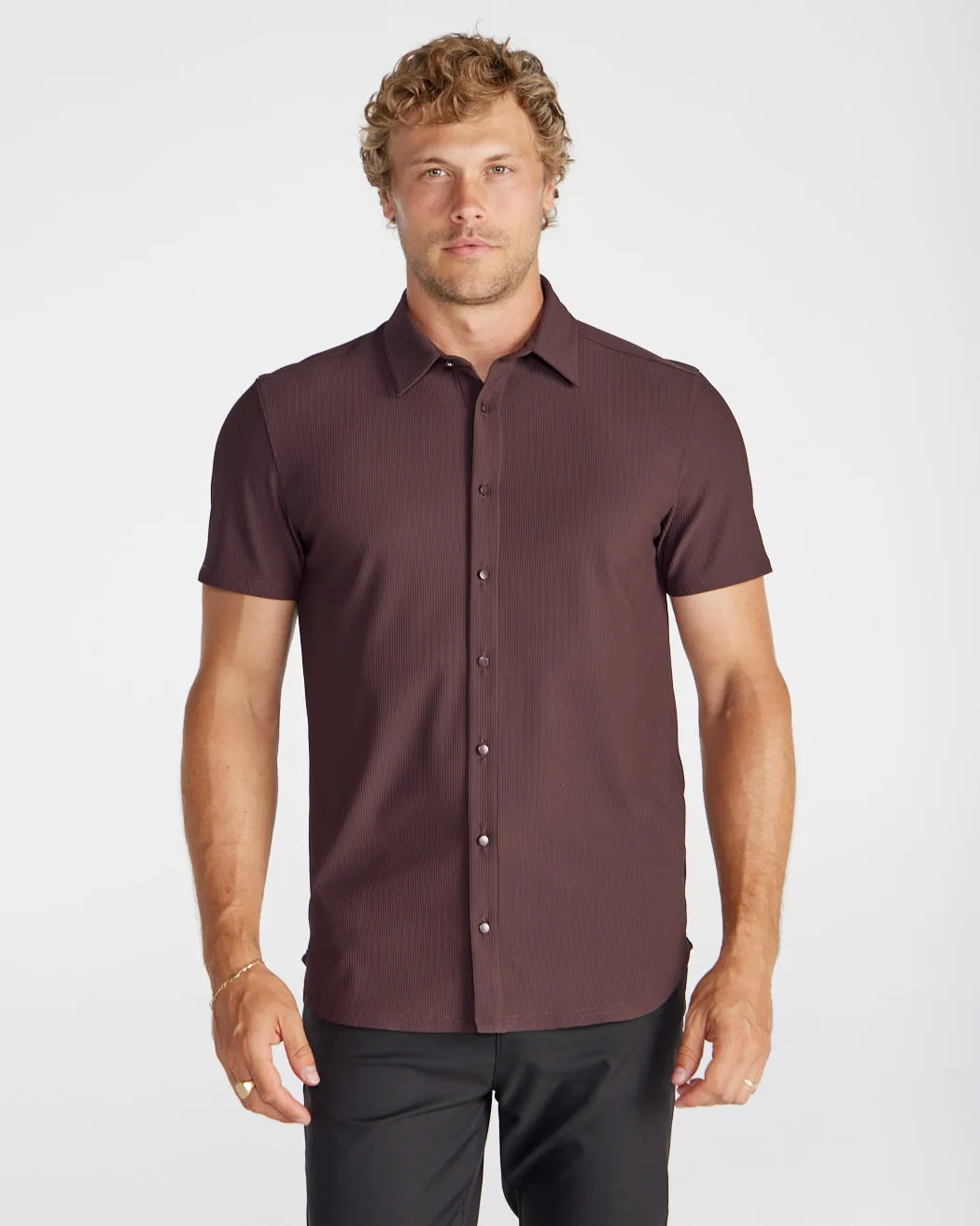 Ribbed  Short Sleeve Button Down