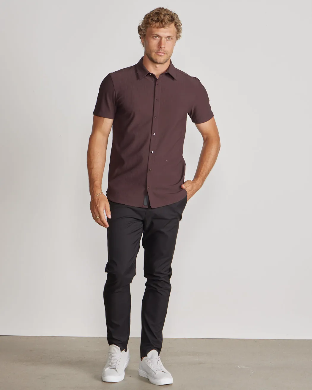 Ribbed  Short Sleeve Button Down