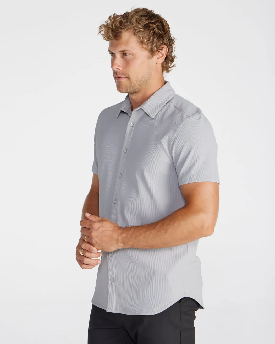 Ribbed  Short Sleeve Button Down