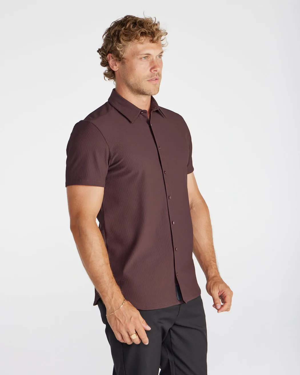 Ribbed  Short Sleeve Button Down