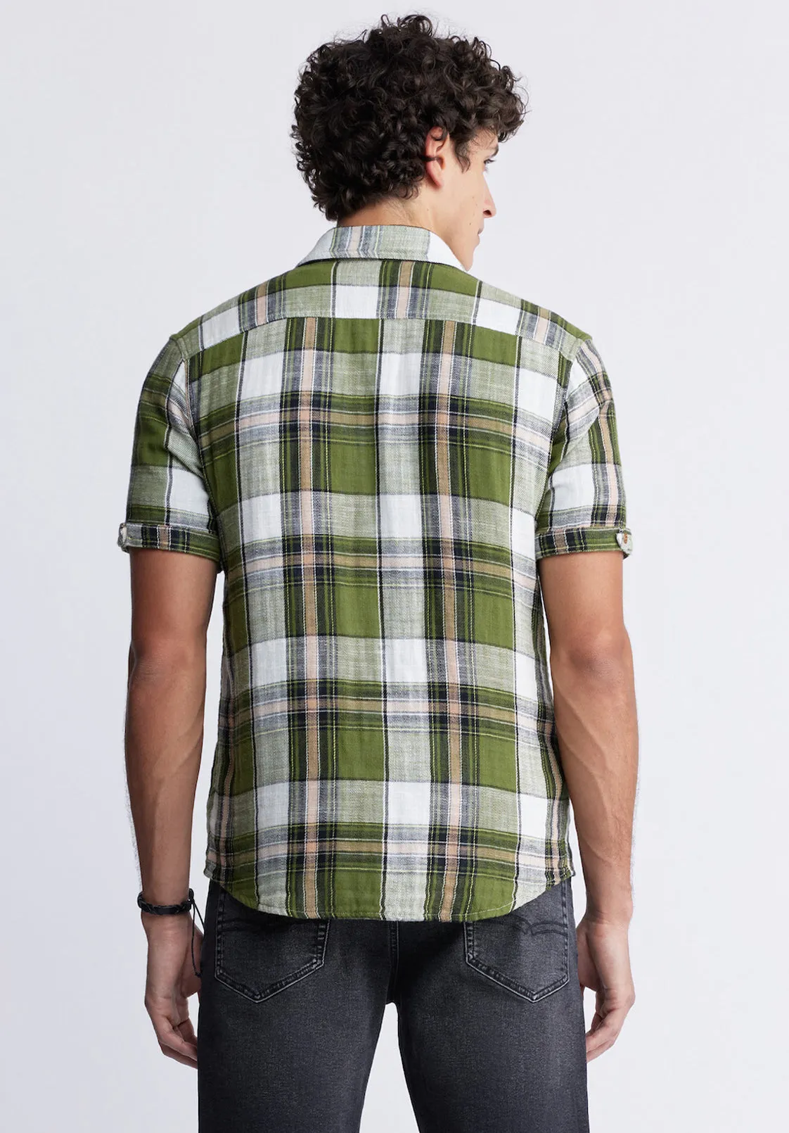 Sachino Men's Short-Sleeve Plaid Shirt in Sphagnum Green - BM24277