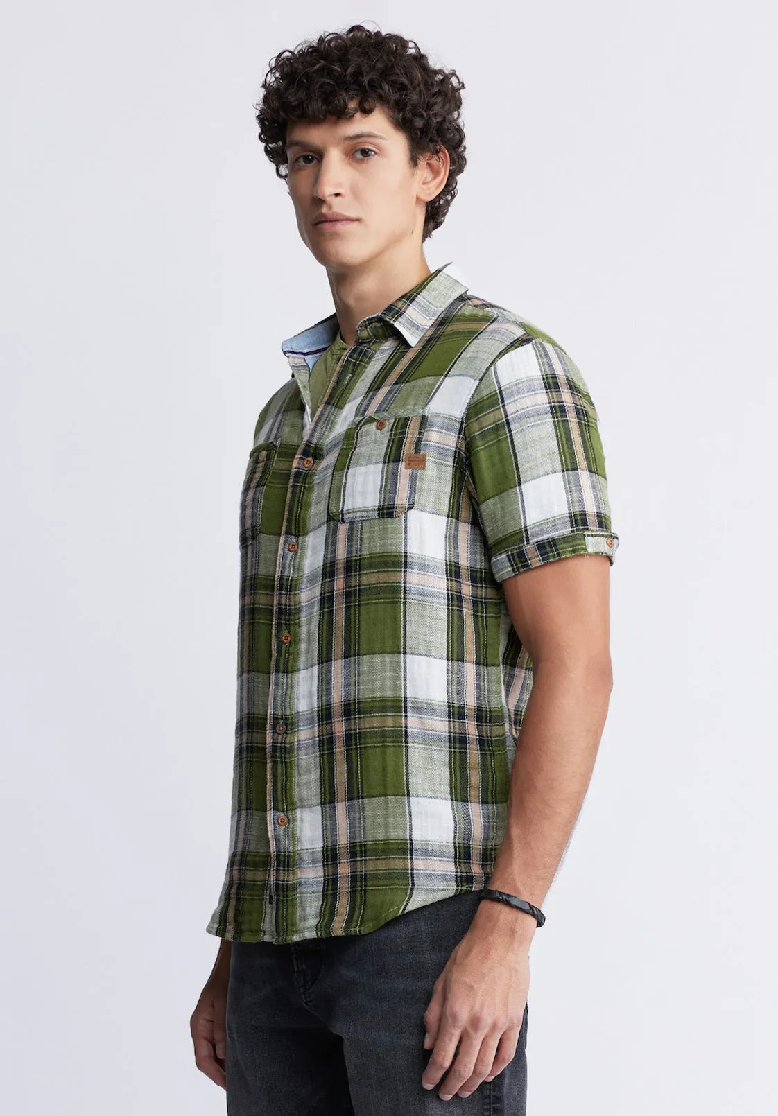 Sachino Men's Short-Sleeve Plaid Shirt in Sphagnum Green - BM24277