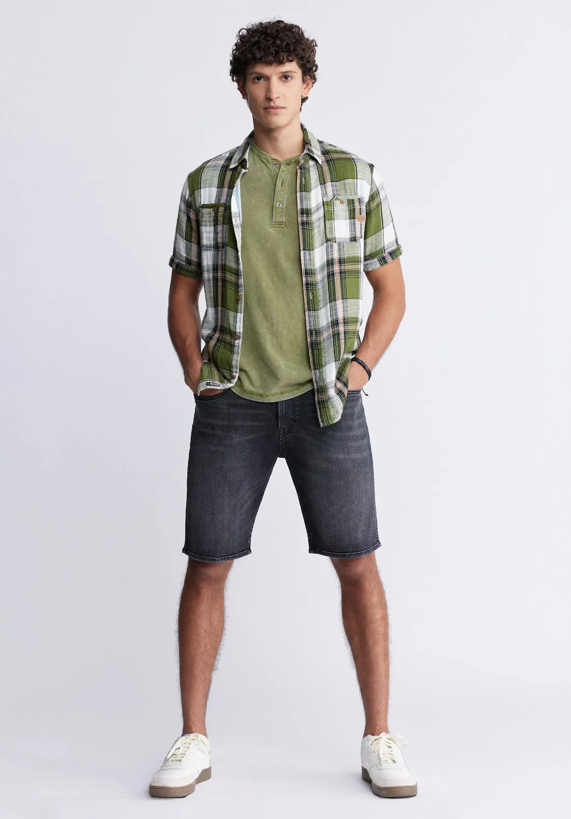 Sachino Men's Short-Sleeve Plaid Shirt in Sphagnum Green - BM24277