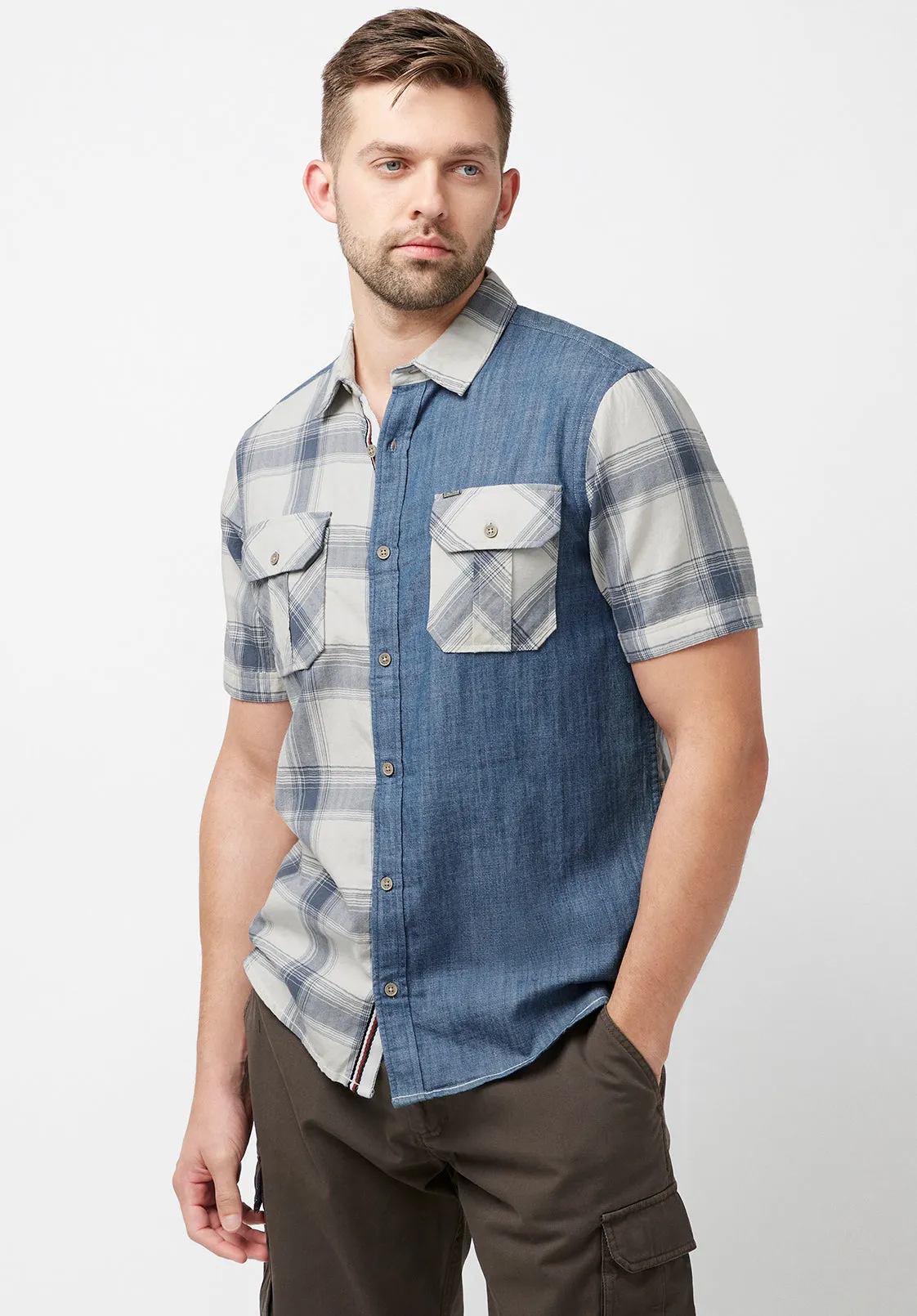 Sage Men's Short Sleeves Shirt in Plaid and Denim Blue Combo - BM23882