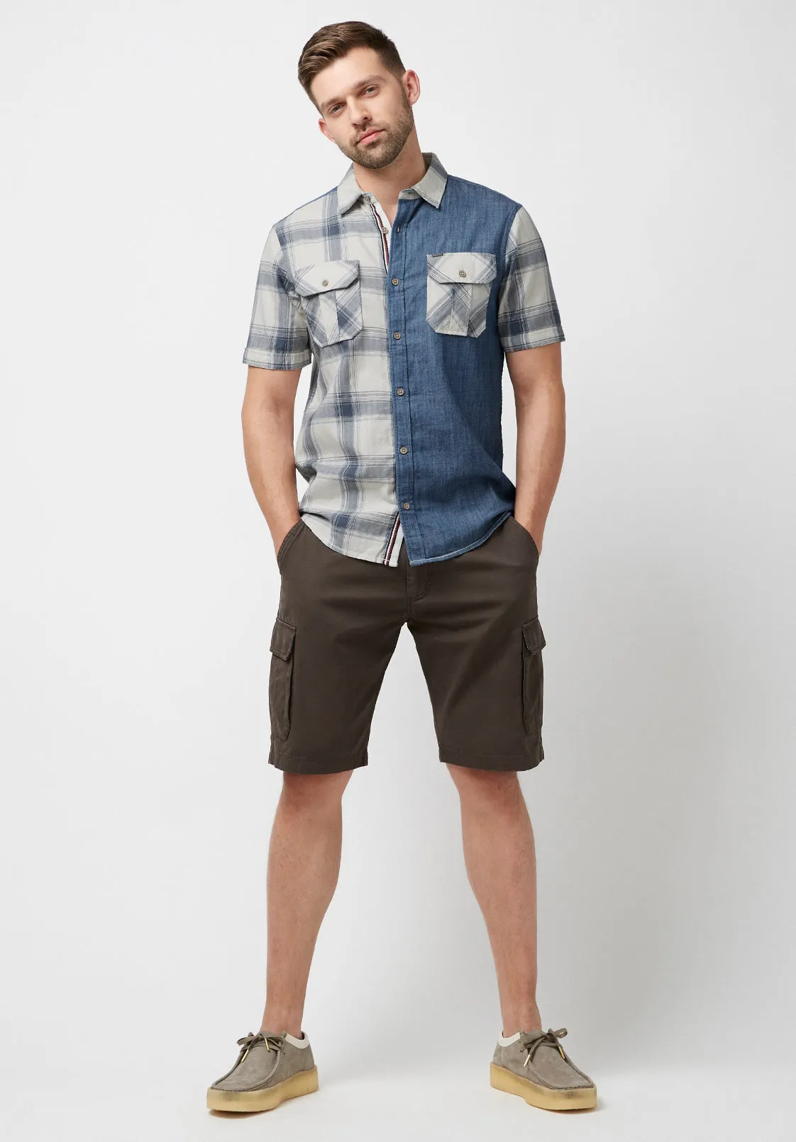 Sage Men's Short Sleeves Shirt in Plaid and Denim Blue Combo - BM23882