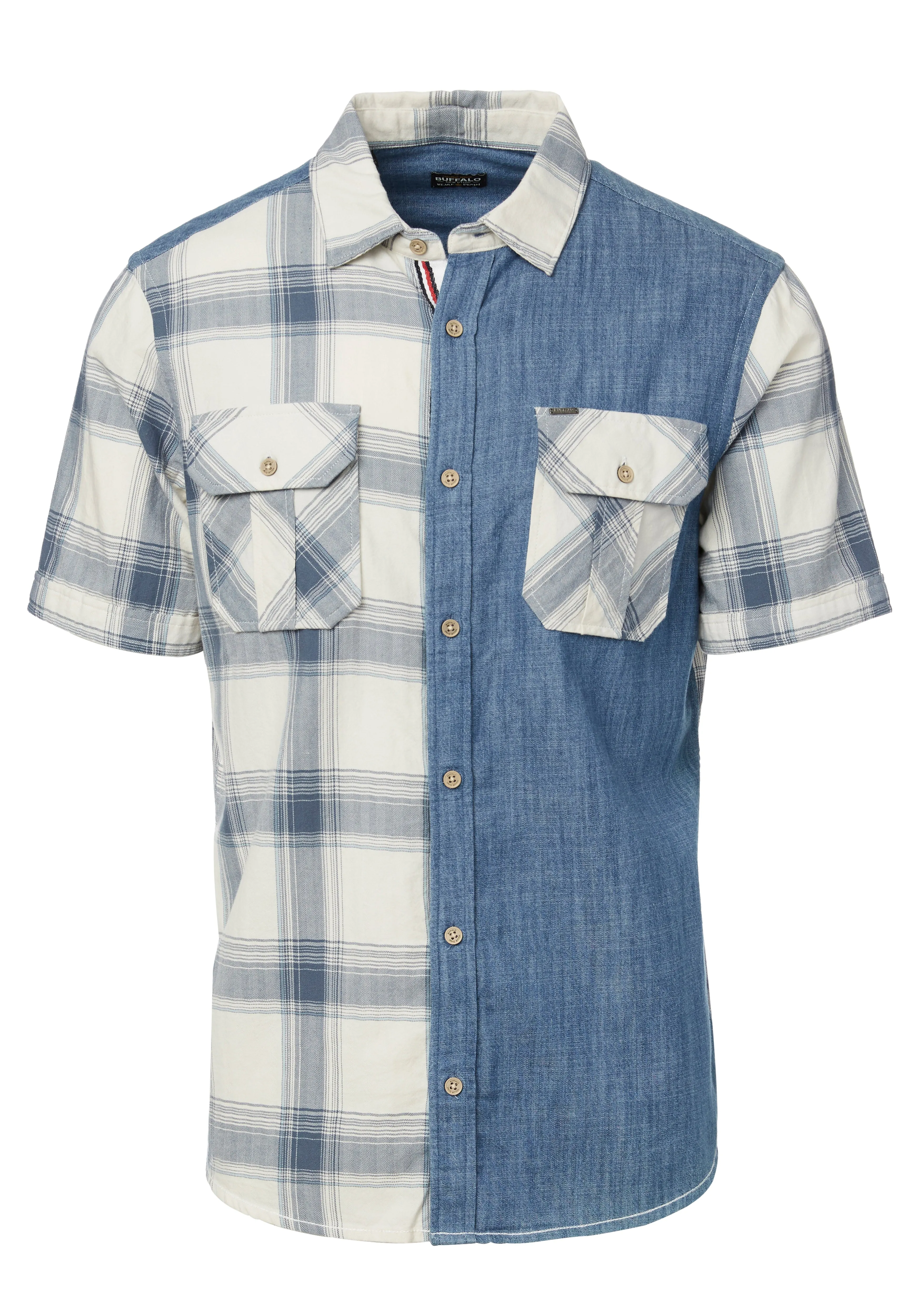 Sage Men's Short Sleeves Shirt in Plaid and Denim Blue Combo - BM23882