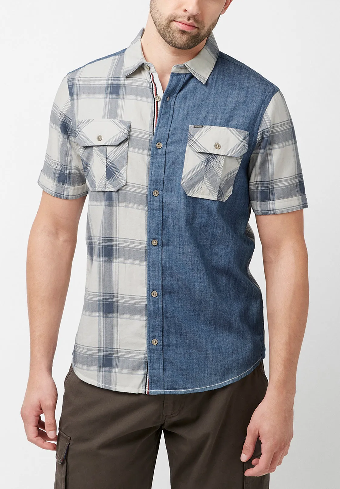 Sage Men's Short Sleeves Shirt in Plaid and Denim Blue Combo - BM23882