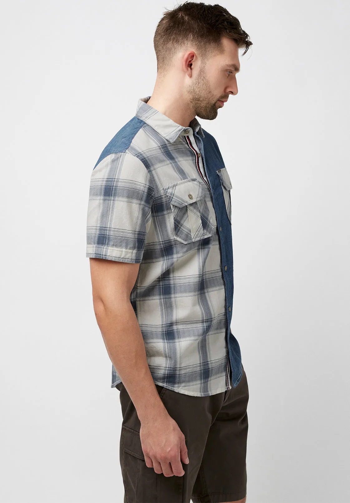 Sage Men's Short Sleeves Shirt in Plaid and Denim Blue Combo - BM23882