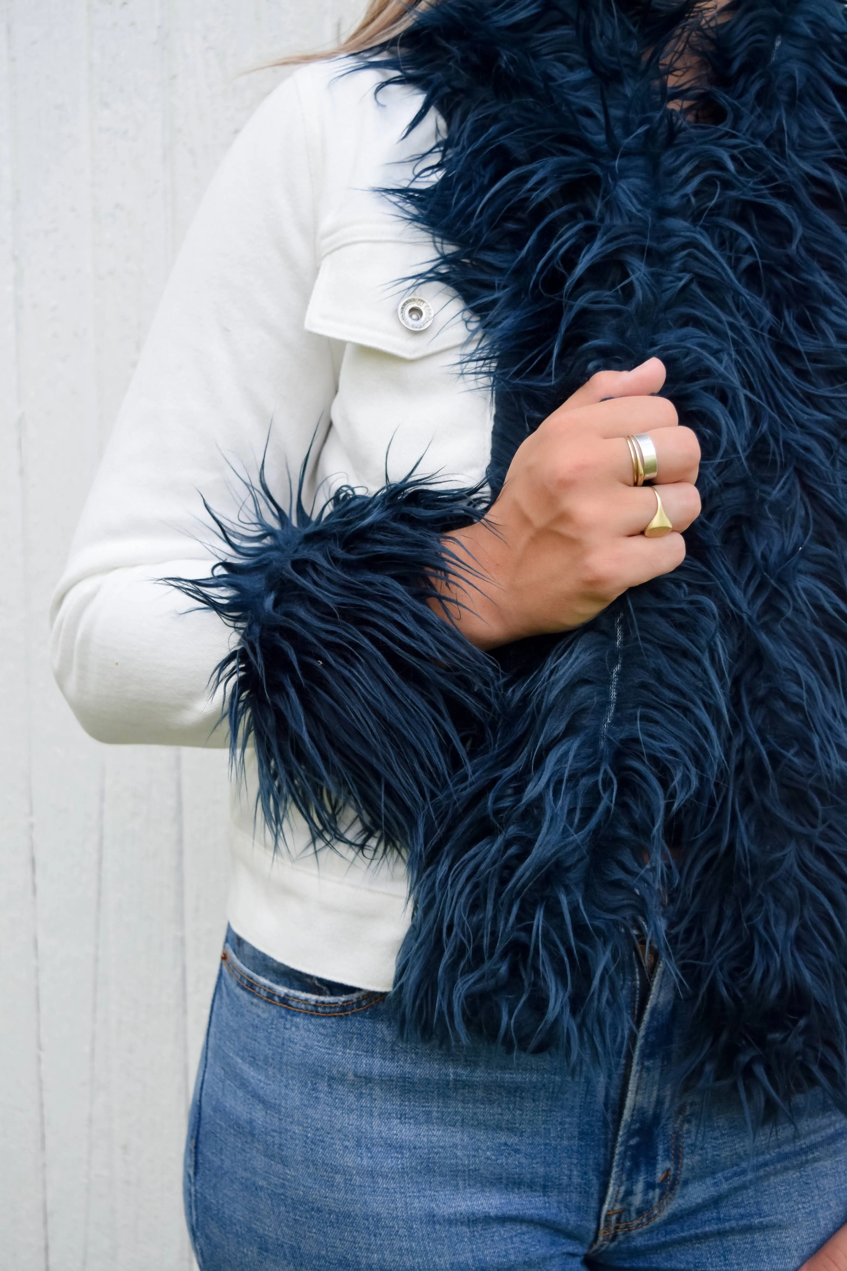 SALE - XS, S ONLY - Belle Navy Shaggy Faux Fur White Denim Jacket *FINAL SALE*