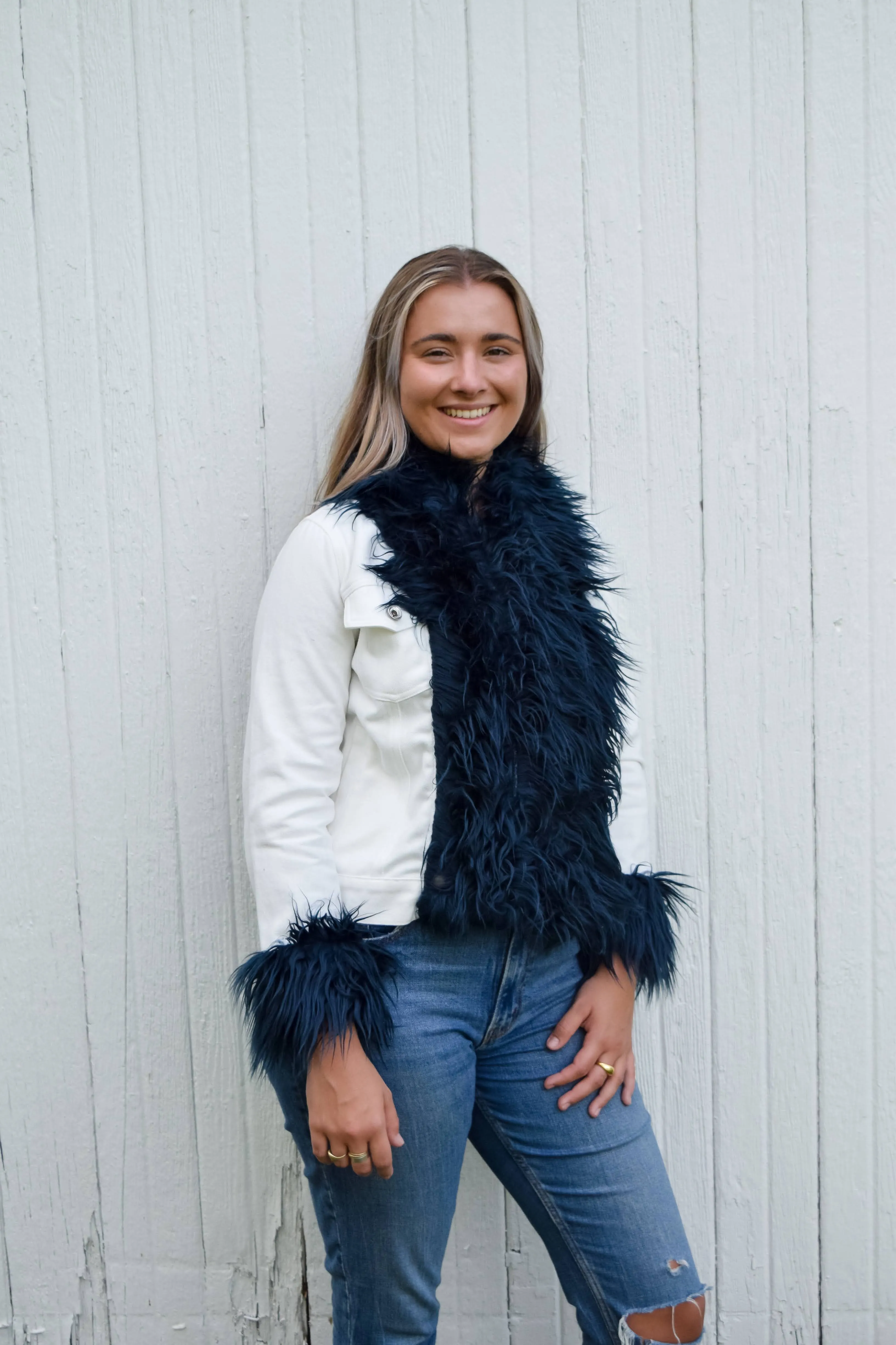 SALE - XS, S ONLY - Belle Navy Shaggy Faux Fur White Denim Jacket *FINAL SALE*