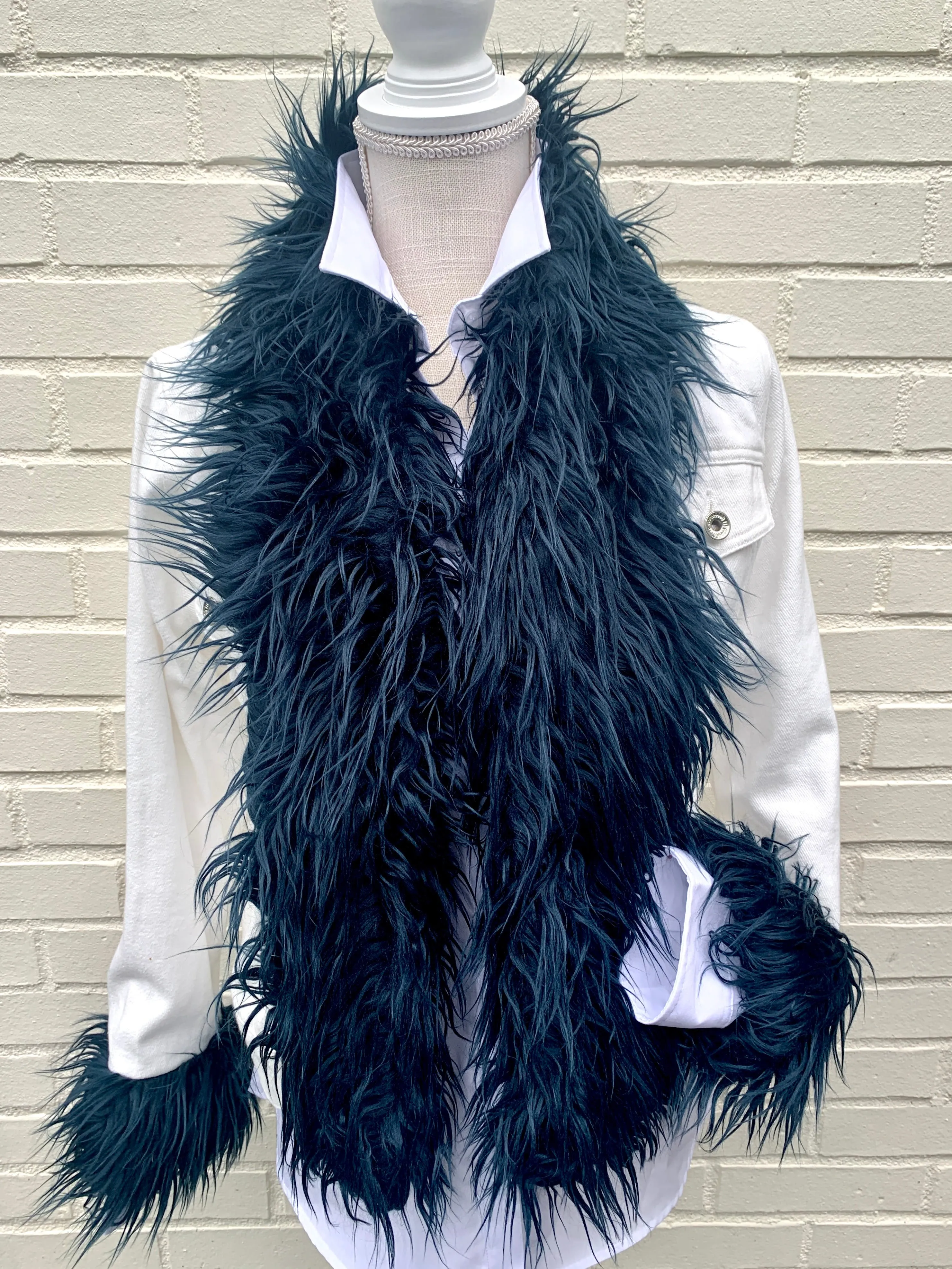 SALE - XS, S ONLY - Belle Navy Shaggy Faux Fur White Denim Jacket *FINAL SALE*