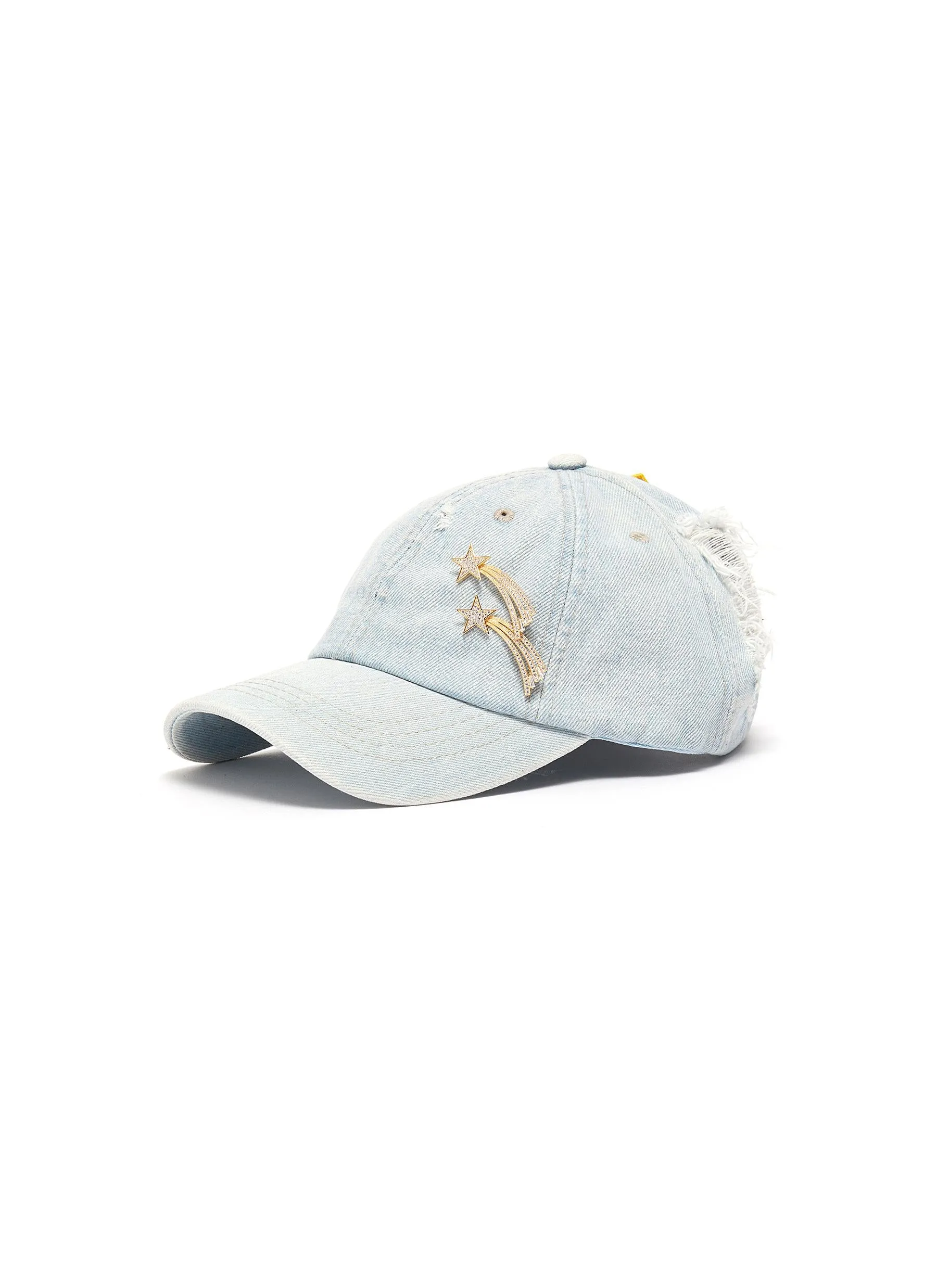 Shooting star pin slogan patch ripped denim baseball cap