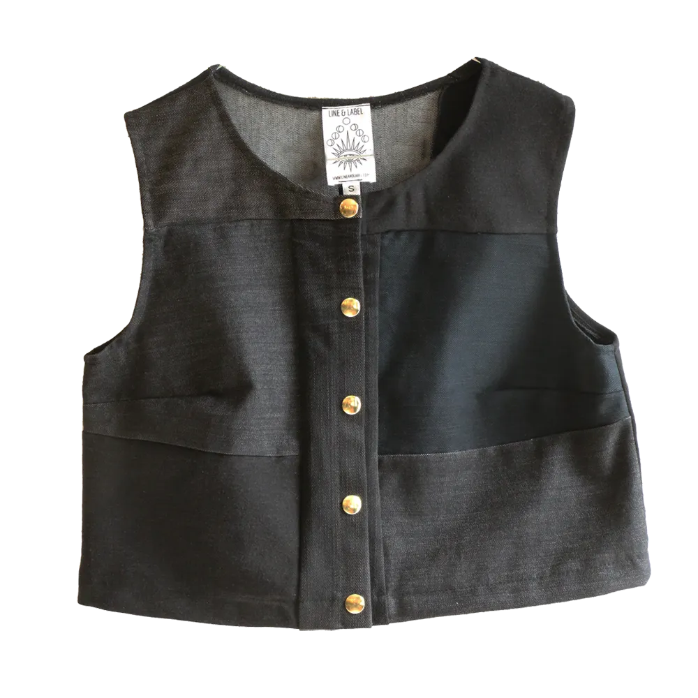 Snap Front Patchwork Denim Vest