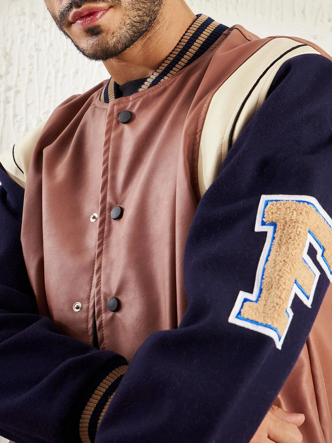 Tan Faux Leather Varsity Jacket