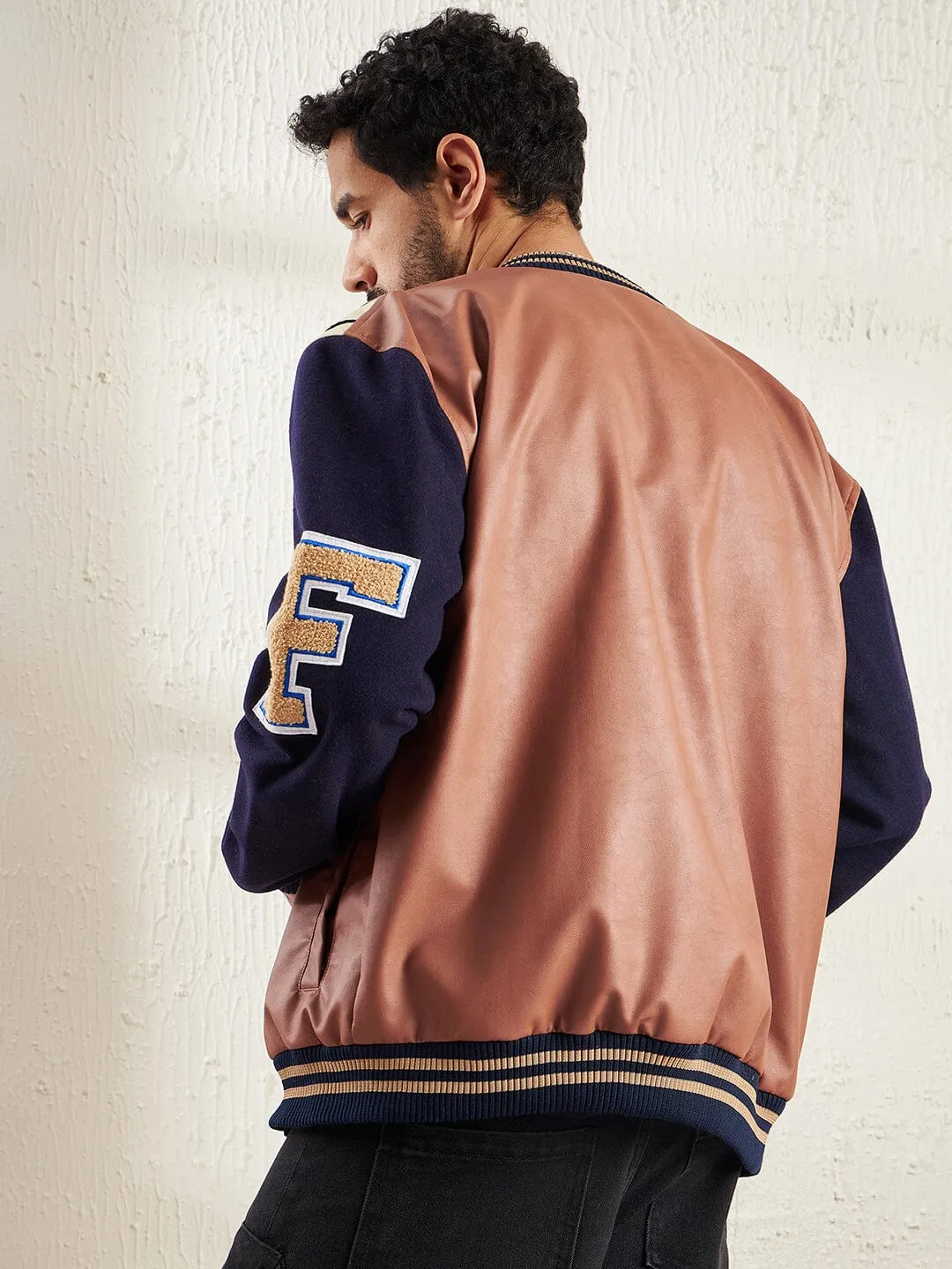 Tan Faux Leather Varsity Jacket