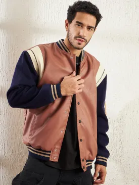 Tan Faux Leather Varsity Jacket