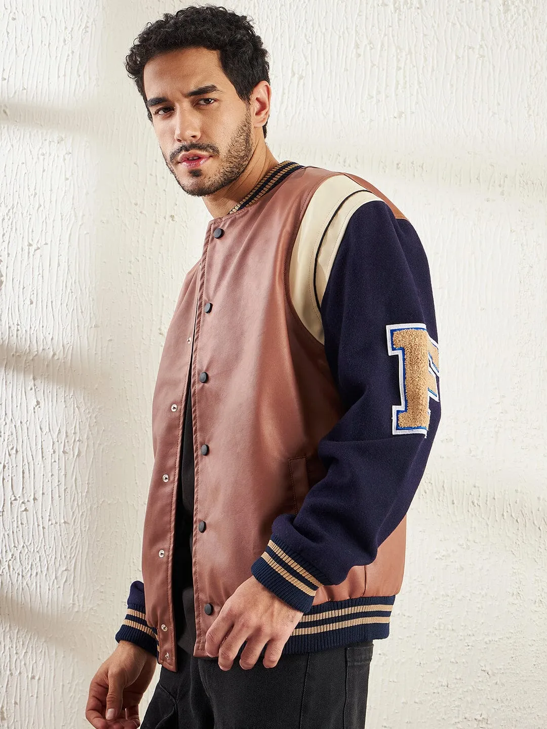 Tan Faux Leather Varsity Jacket