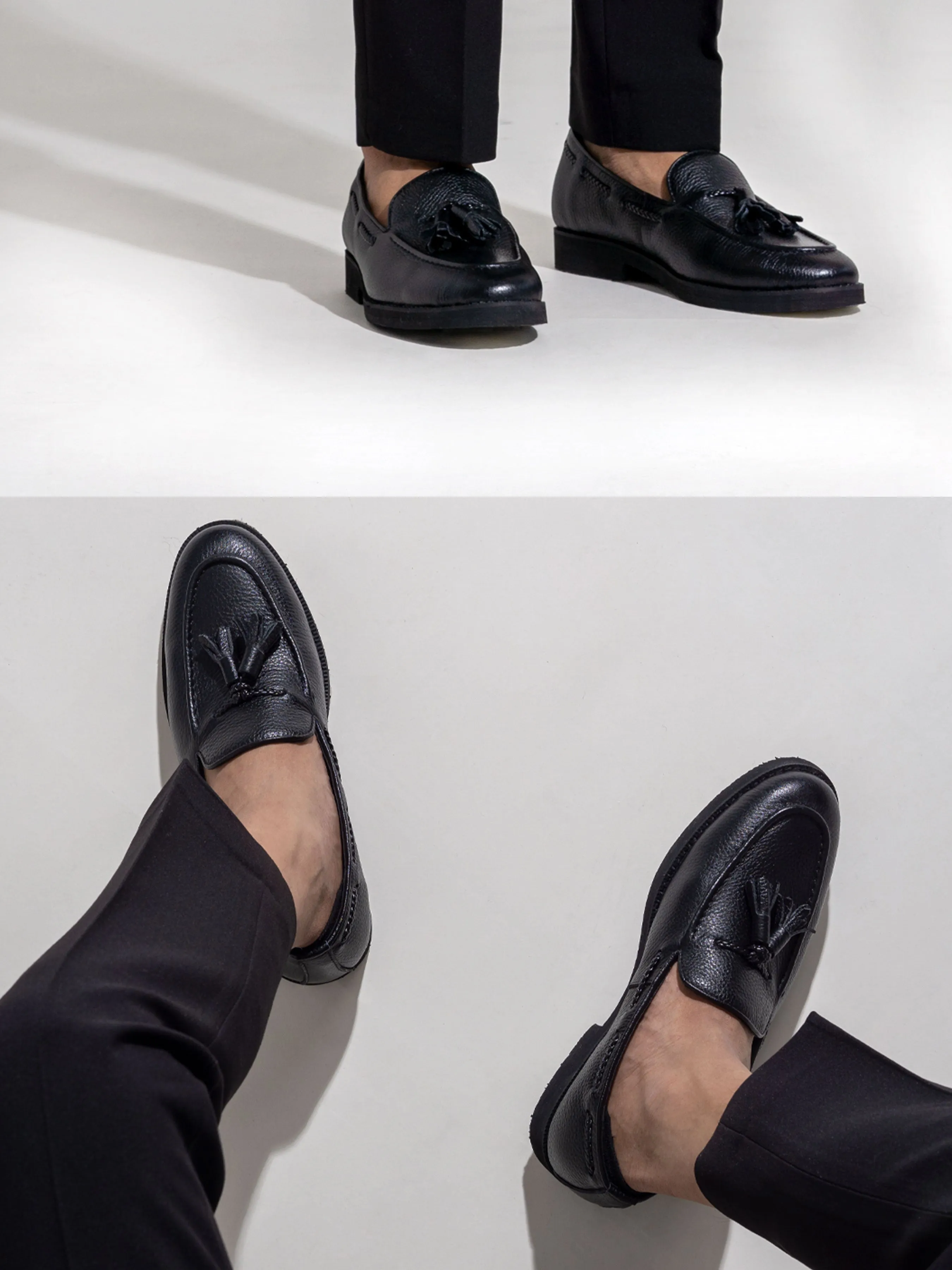 Tassel Loafer - Black Pebble Grain Leather (Crepe Sole)