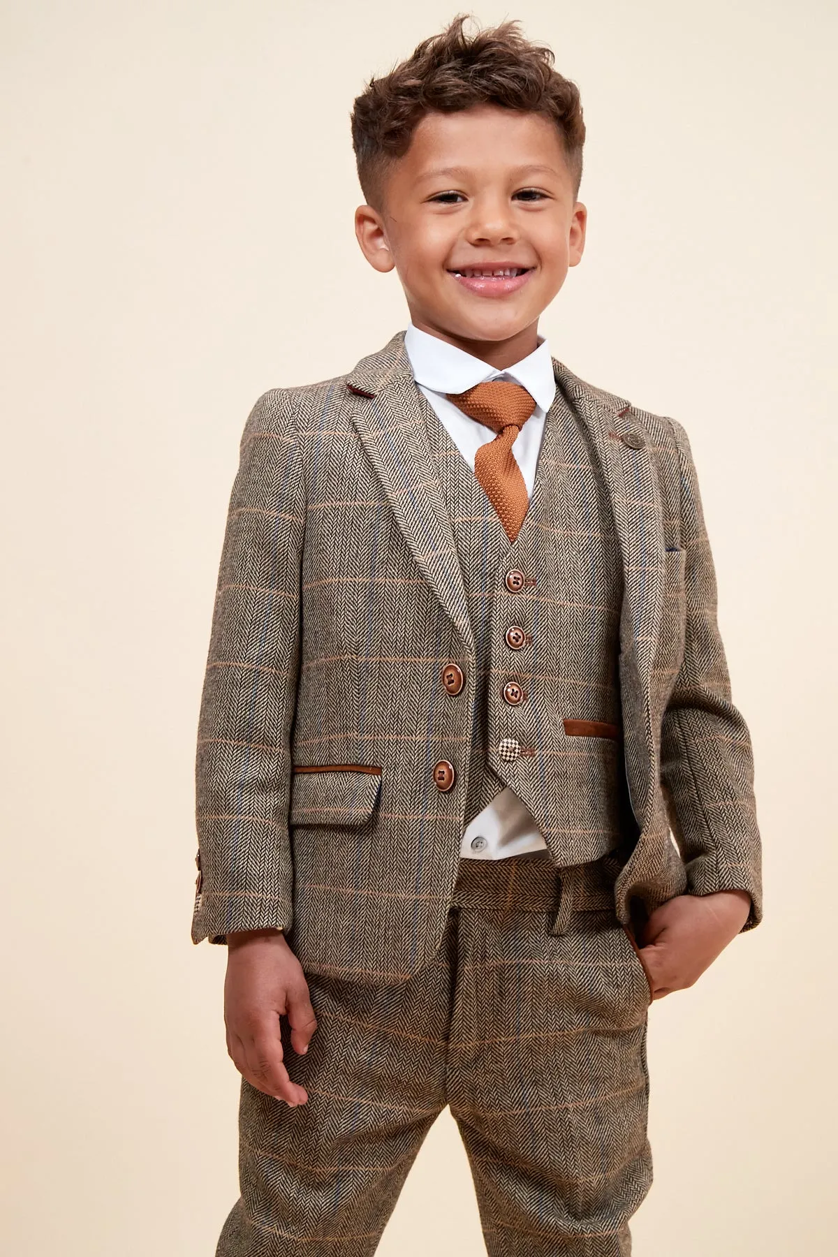 TED - Childrens Tan Tweed Check Three Piece Suit