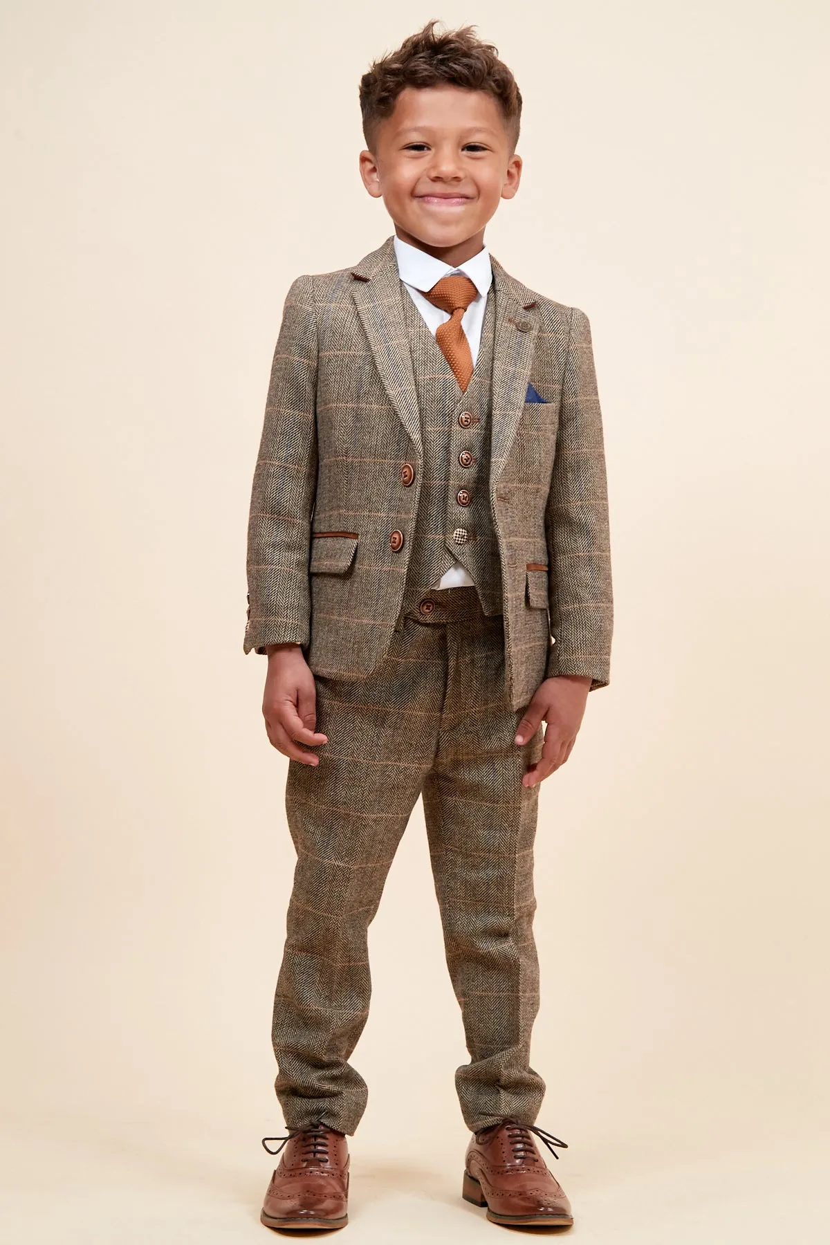 TED - Childrens Tan Tweed Check Three Piece Suit