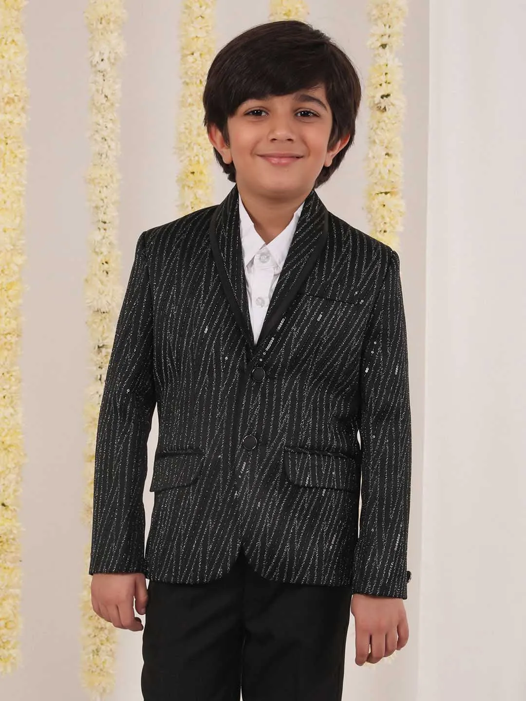 VASTRAMAY Boy's Black Sequined Blazer