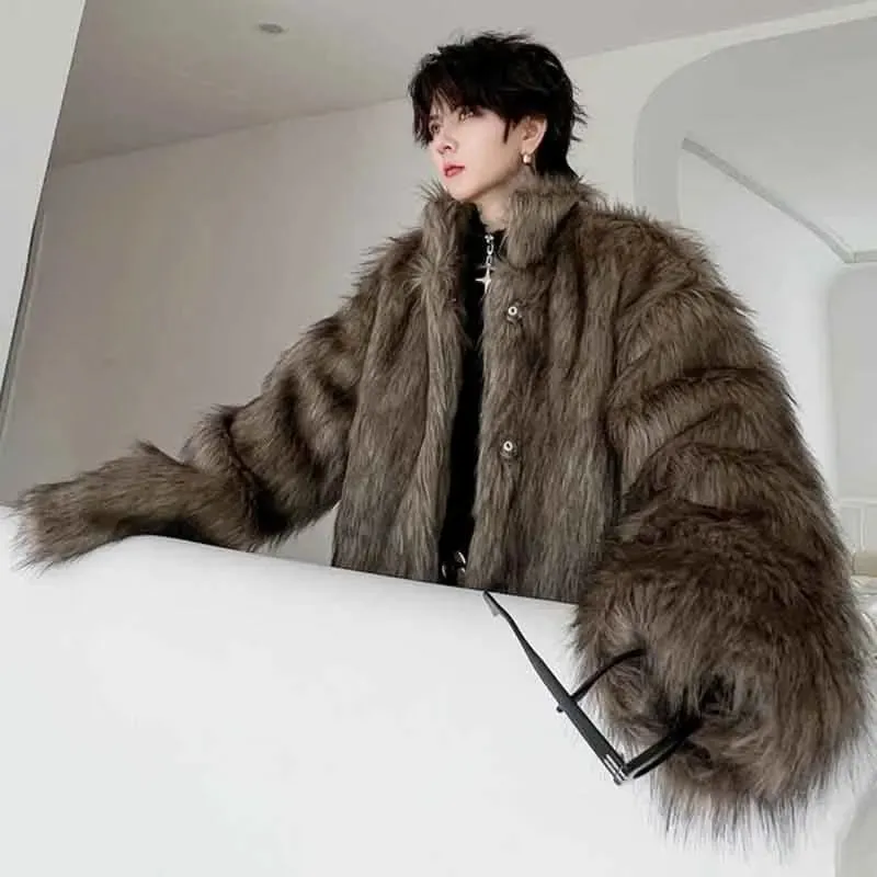 Winter Men's Dark Faux Fur Cotton Coat Fashion Korean Style Loose Woolen Cardigan Jackets Trend Male Autumn New 9C2877