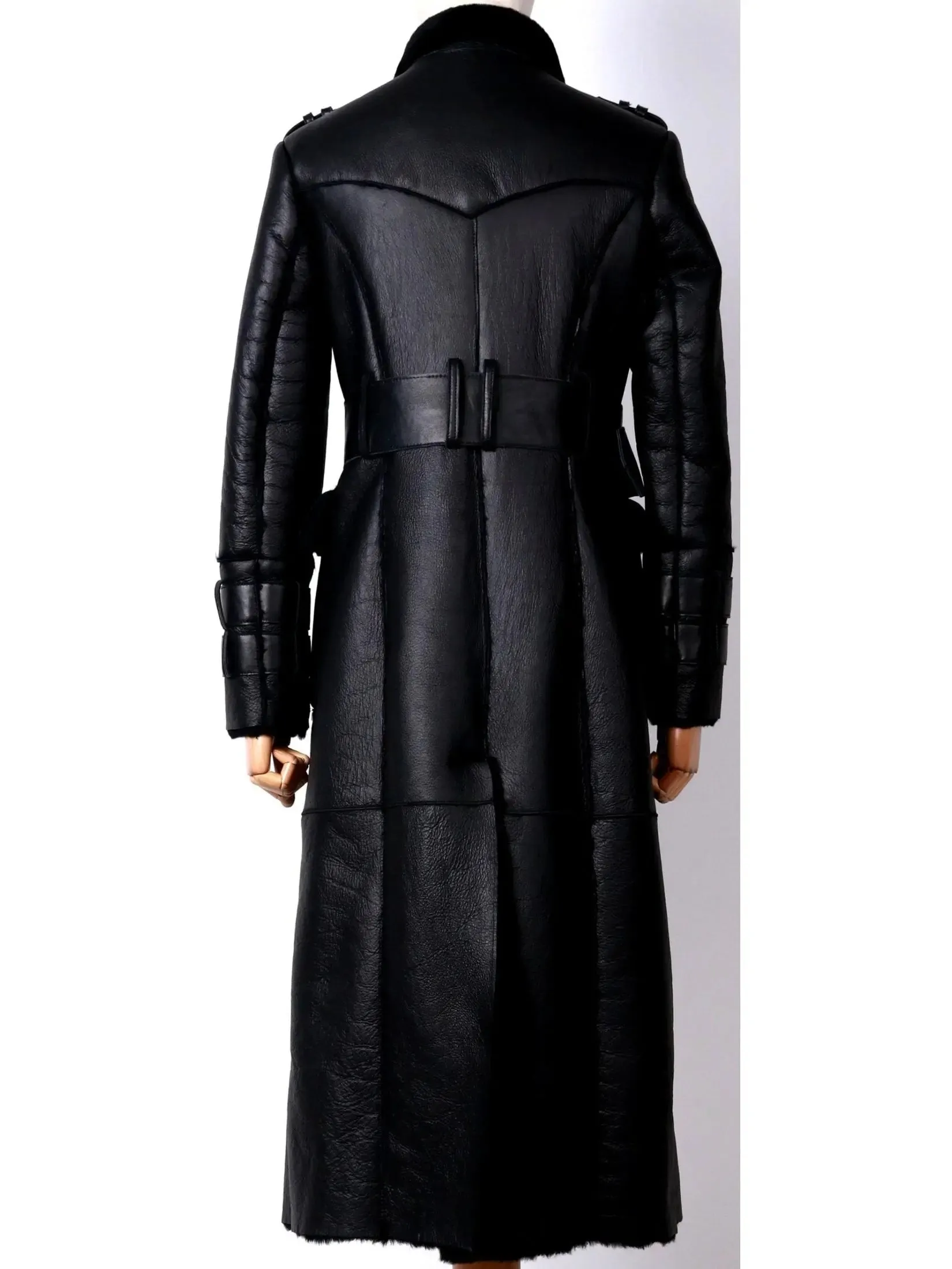 Women’s Belted Black Shearling Sheepskin Leather Coat