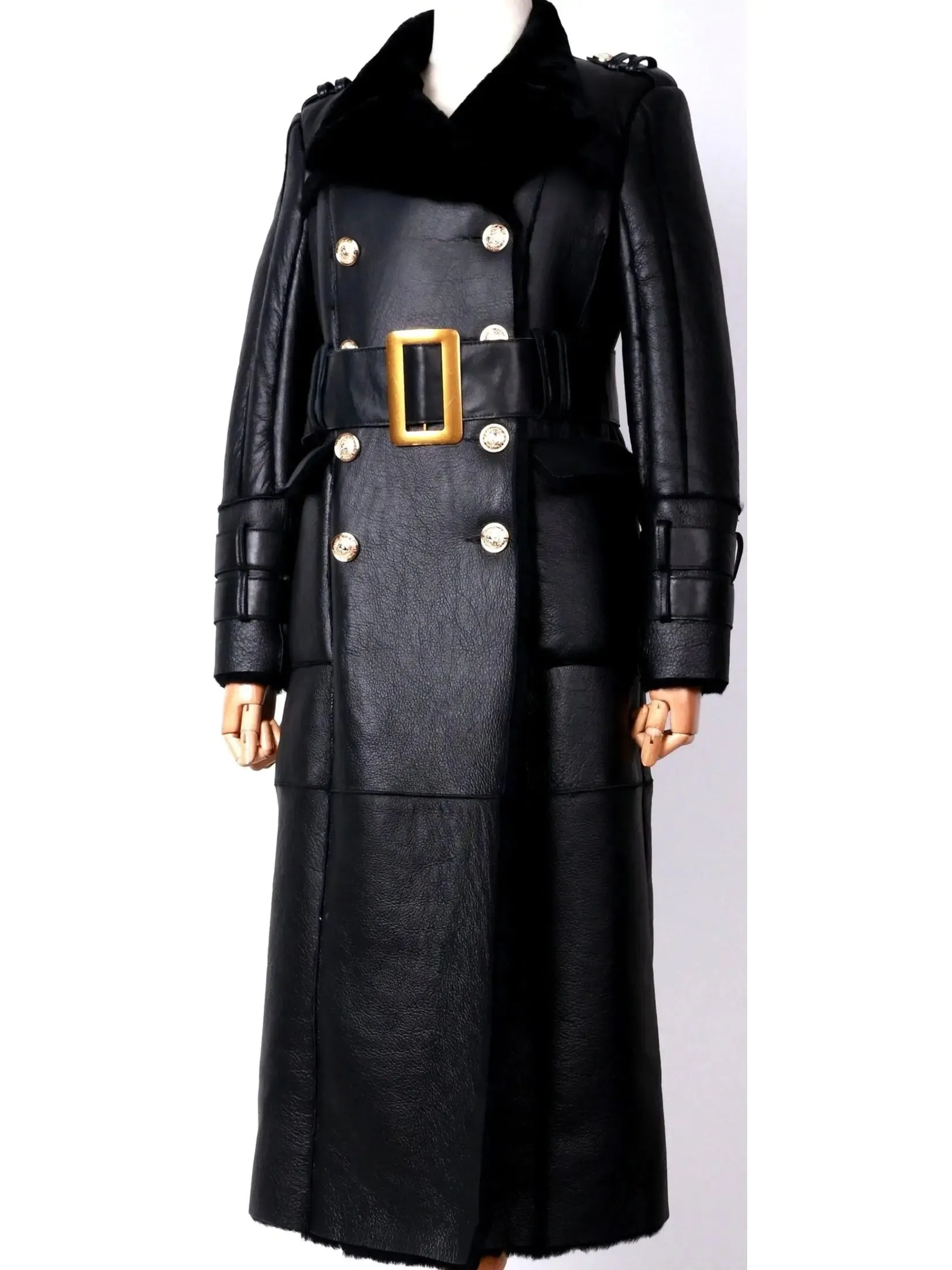 Women’s Belted Black Shearling Sheepskin Leather Coat