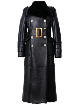 Women’s Belted Black Shearling Sheepskin Leather Coat