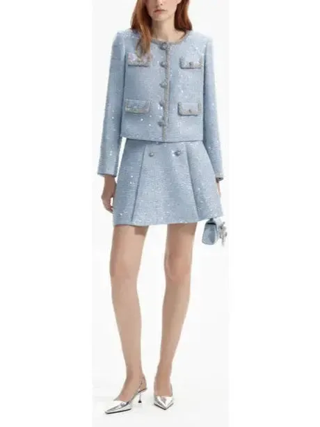 Women’s Blue Sequin Boucle Jacket and Skirt Set